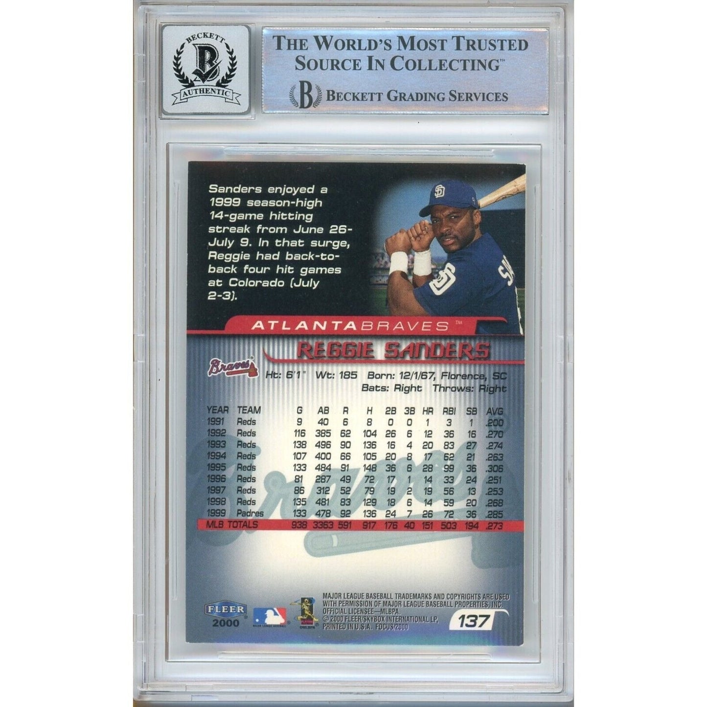 Reggie Sanders Atlanta Braves Signed 2000 Fleer Focus Baseball Card BGS Auto 10 Graded