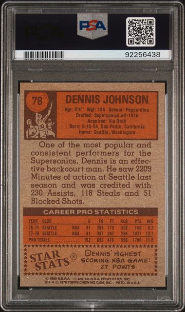 Graded 1978 Topps Dennis Johnson #78 Rookie RC Basketball Card PSA 9 Mint - Sport Cards