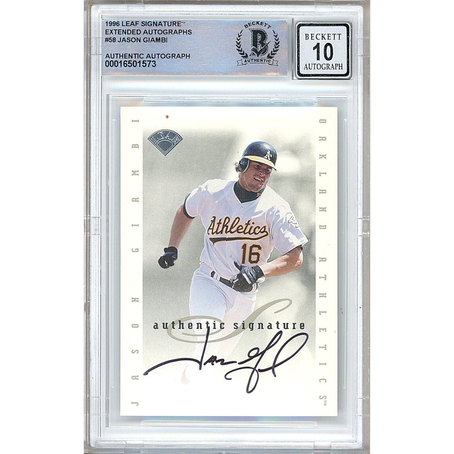 1996 Leaf Signature Series #58 — Jason Giambi Oakland Athletics Autographed Trading Card — Beckett Authentication