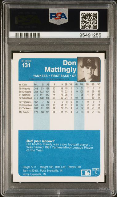 Graded 1984 Fleer Don Mattingly #131 Rookie RC Baseball Card PSA 9 Mint - Sport Cards