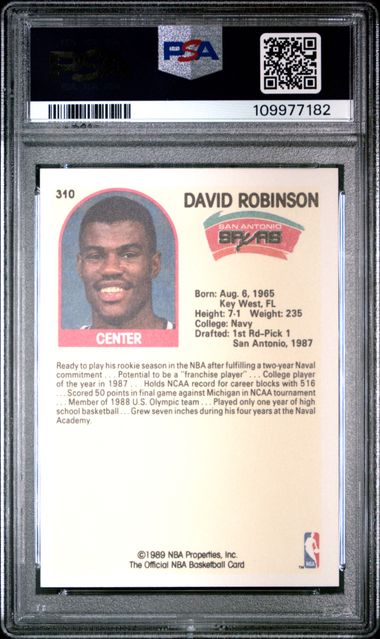 Graded 1989 Hoops David Robinson #310 Rookie RC Basketball Card PSA 9 Mint - Sport Cards