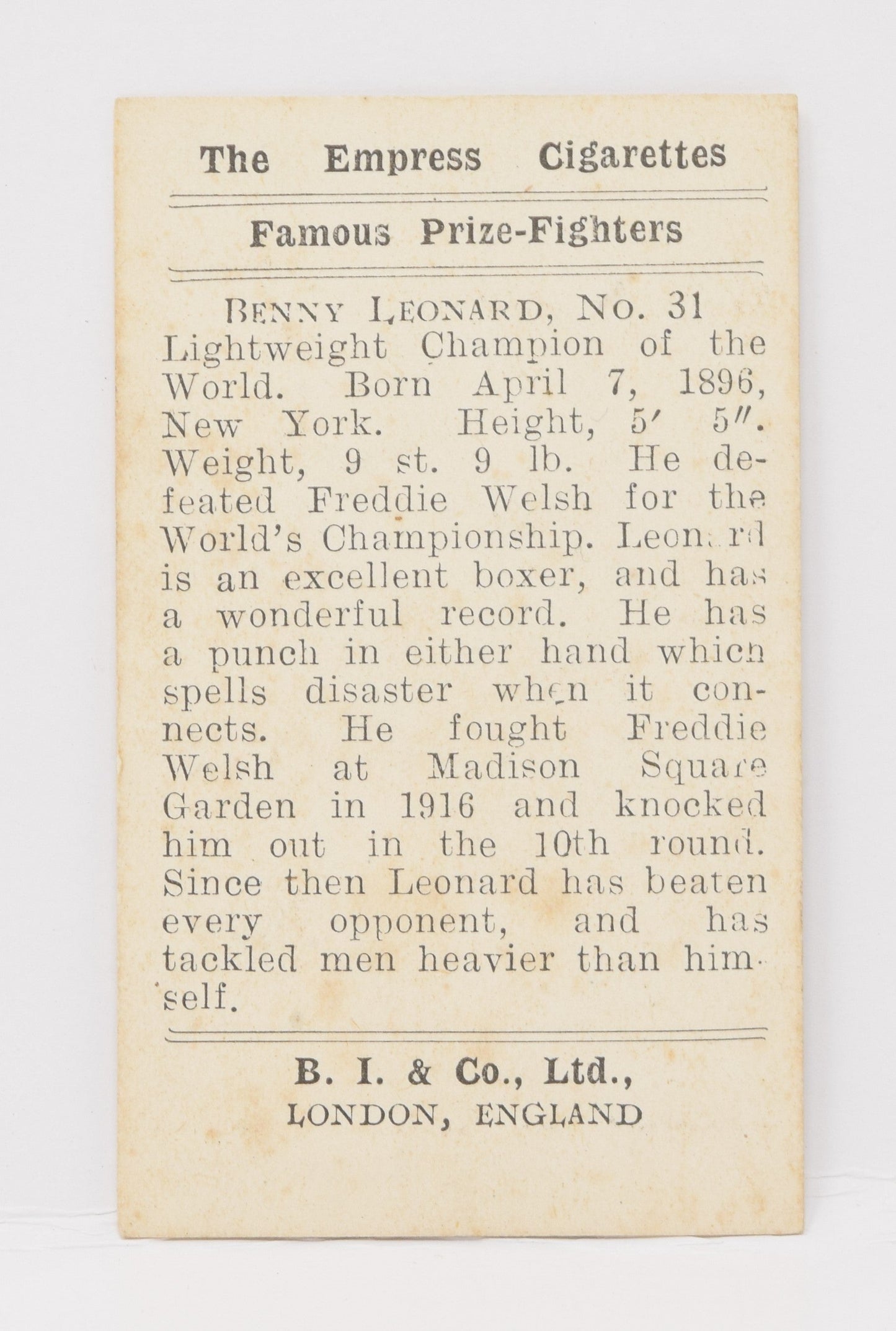 Benny Leonard #31 Empress Burstein Isaacs Famous Prize Fighters Boxing Boxer Card 1923