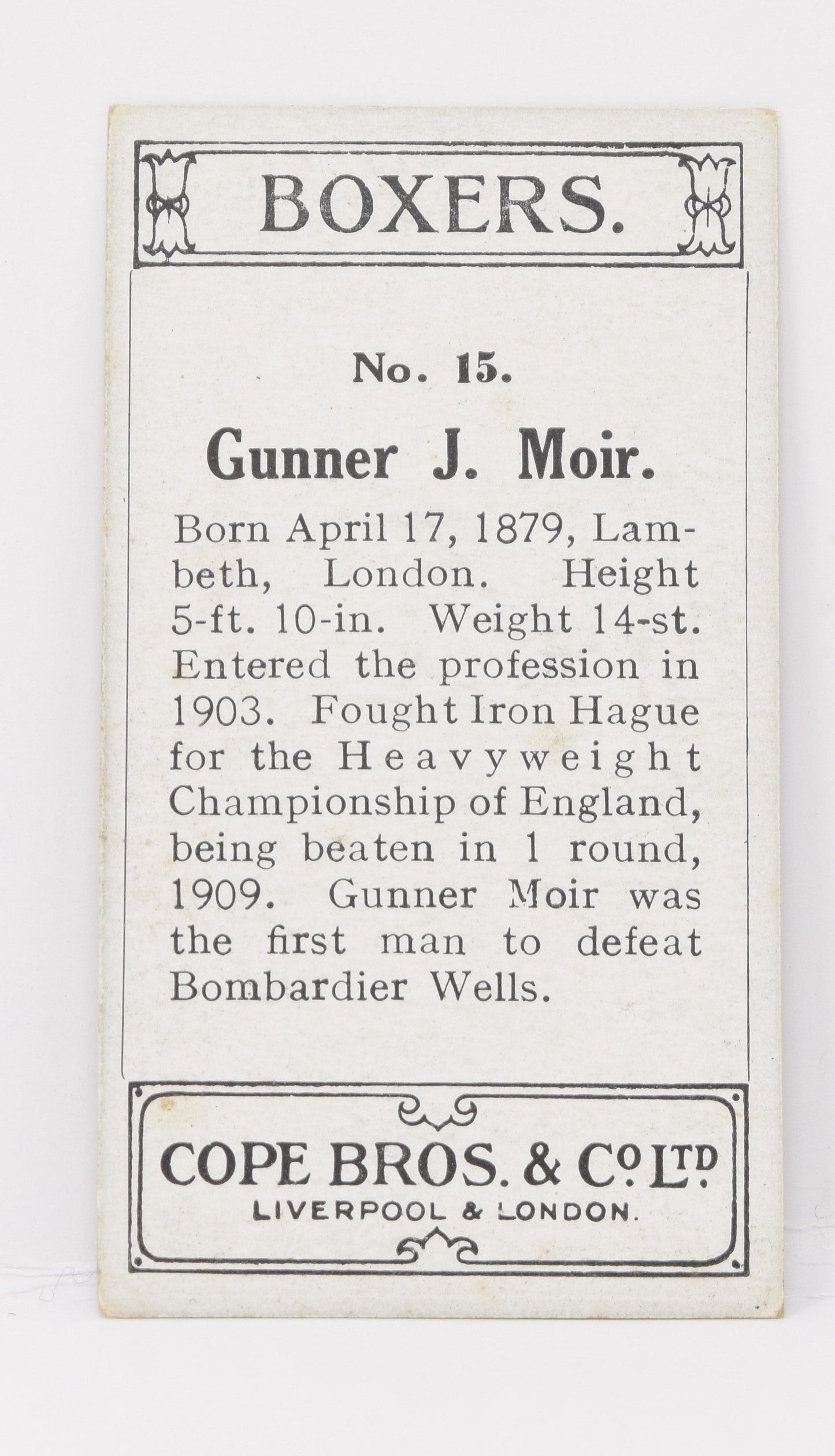 Gunner Moir #15 Cope Bros Co Boxer Boxing Trading Card 1915