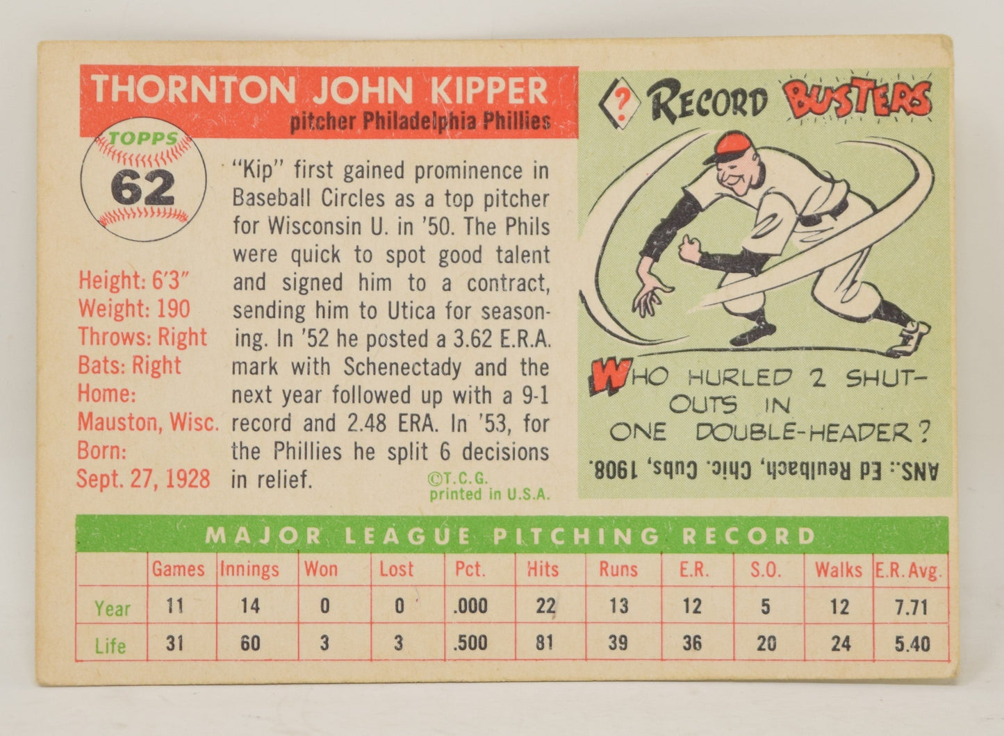 Thornton Kipper Baseball Card Topps 1955 Philadelphia Phillies 62