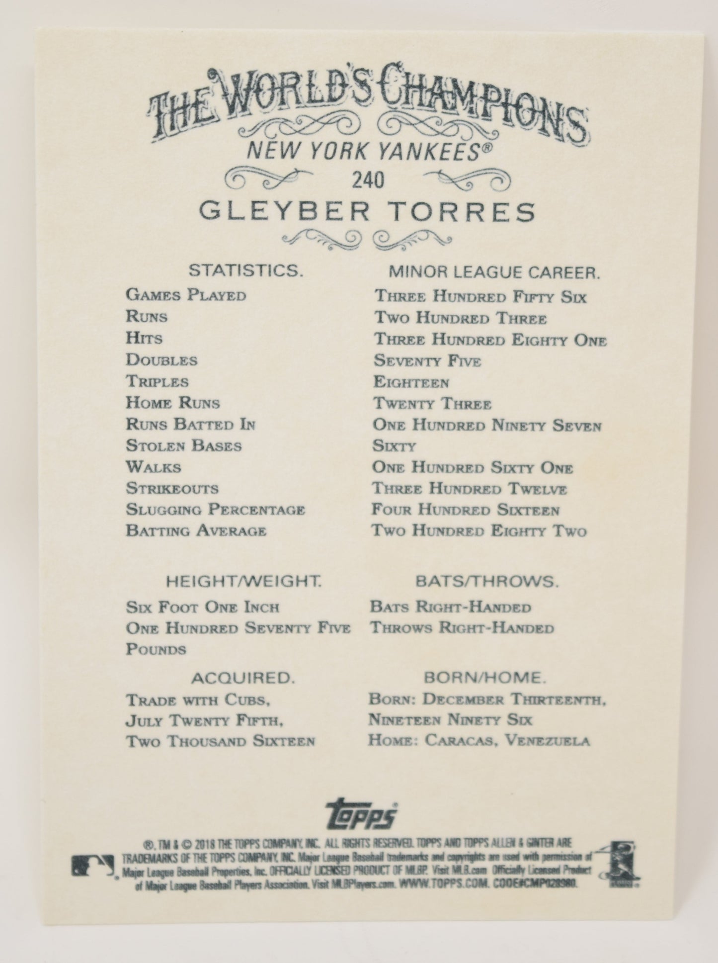 Gleyber Torres Topps 2018 Allen Ginter Baseball RC Rookie Card 240