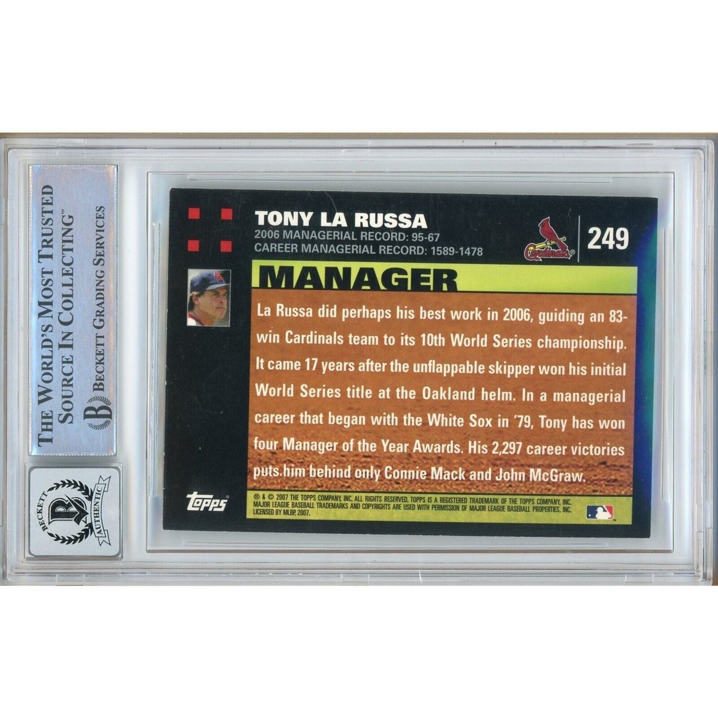 Tony LaRussa St Louis Cardinals Signed 2007 Topps Card Beckett BGS Auto 10 Graded Slab