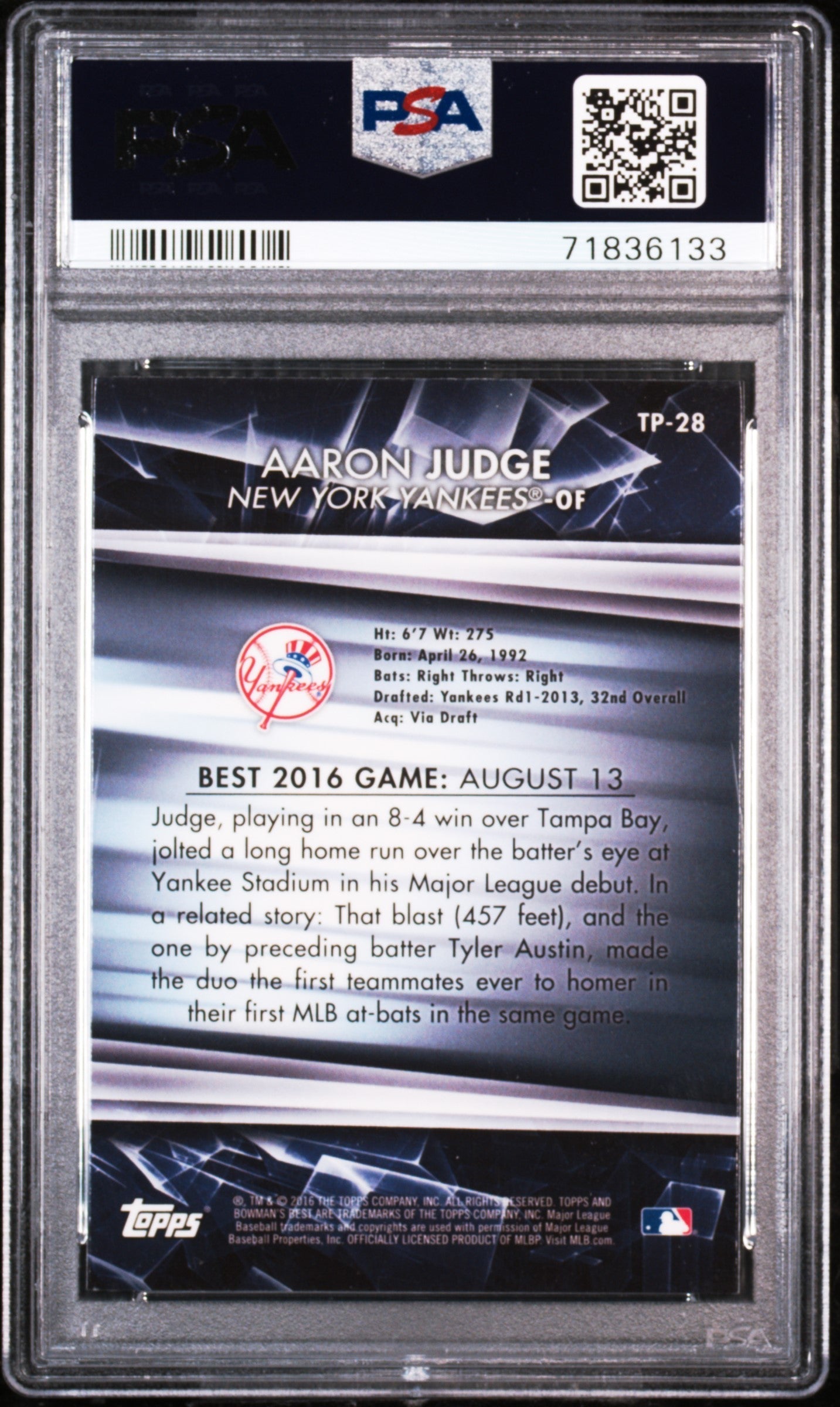 Graded 2016 Topps Bowmans Best Aaron Judge #TP28 Top Prospects Rookie RC Baseball Card PSA 10 Gem Mint