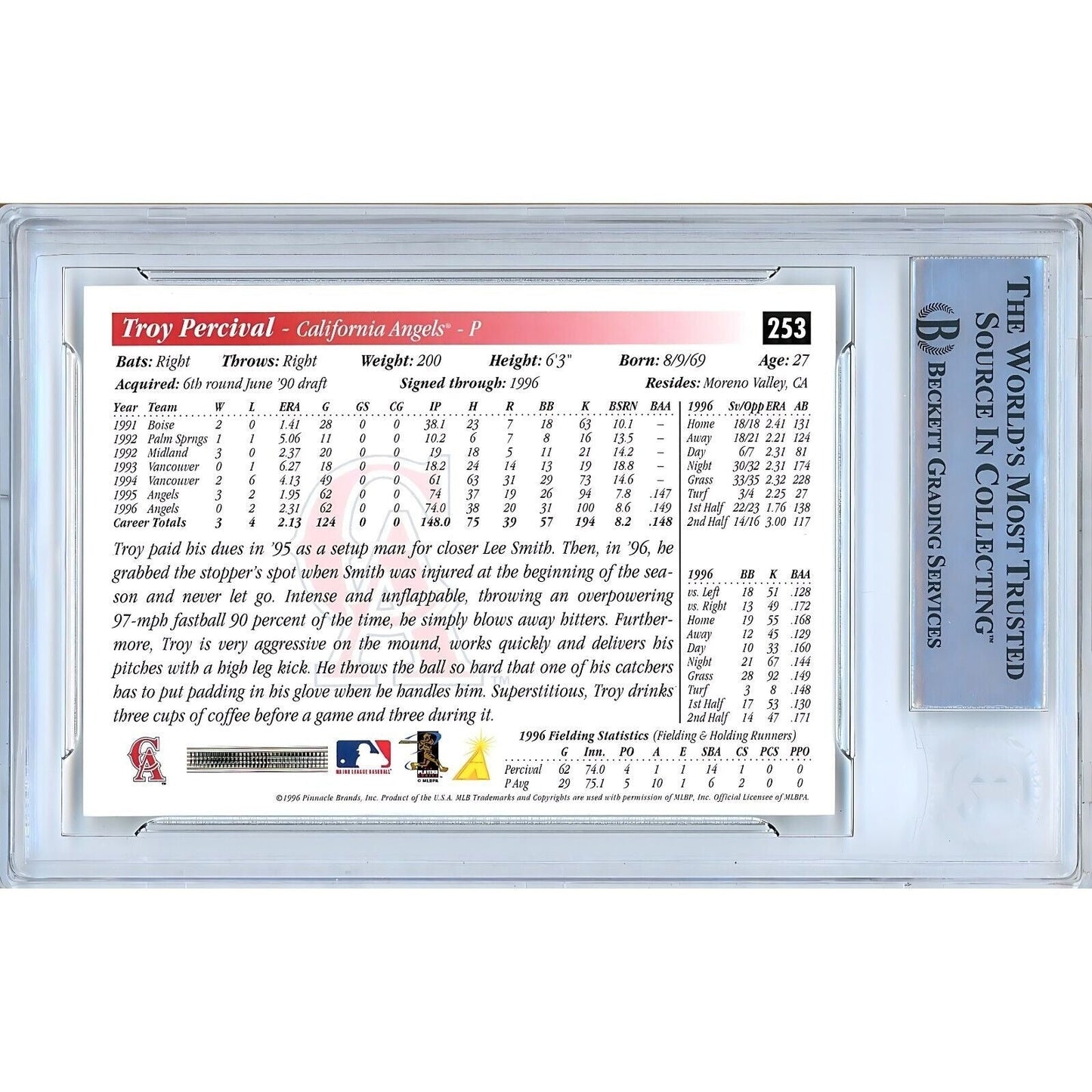 Troy Percival Anaheim Angels Signed 1997 Score Baseball Card Beckett Authentic Auto Slab