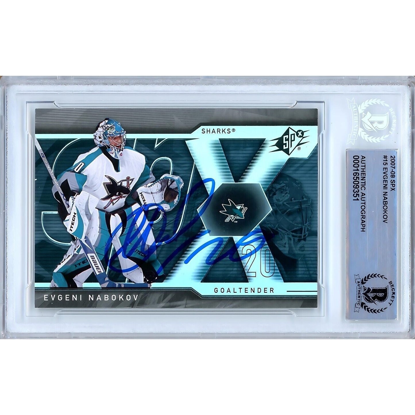 2007-08 Upper Deck SPx #15 — Evgeni Nabokov San Jose Sharks Autographed Trading Card — Beckett Authentication