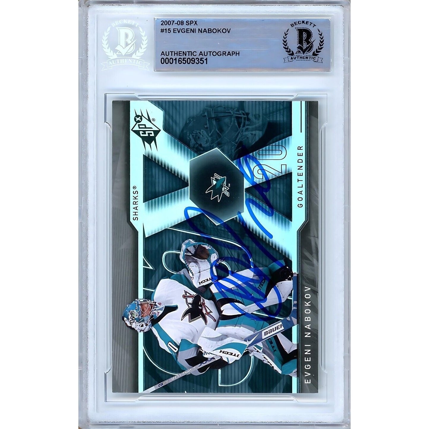 2007-08 Upper Deck SPx #15 — Evgeni Nabokov San Jose Sharks Autographed Trading Card — Beckett Authentication