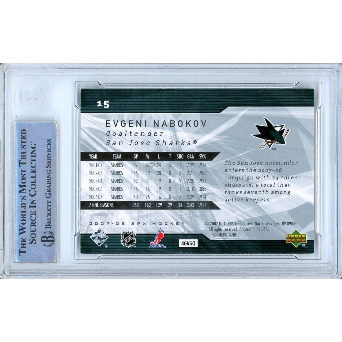 2007-08 Upper Deck SPx #15 — Evgeni Nabokov San Jose Sharks Autographed Trading Card — Beckett Authentication