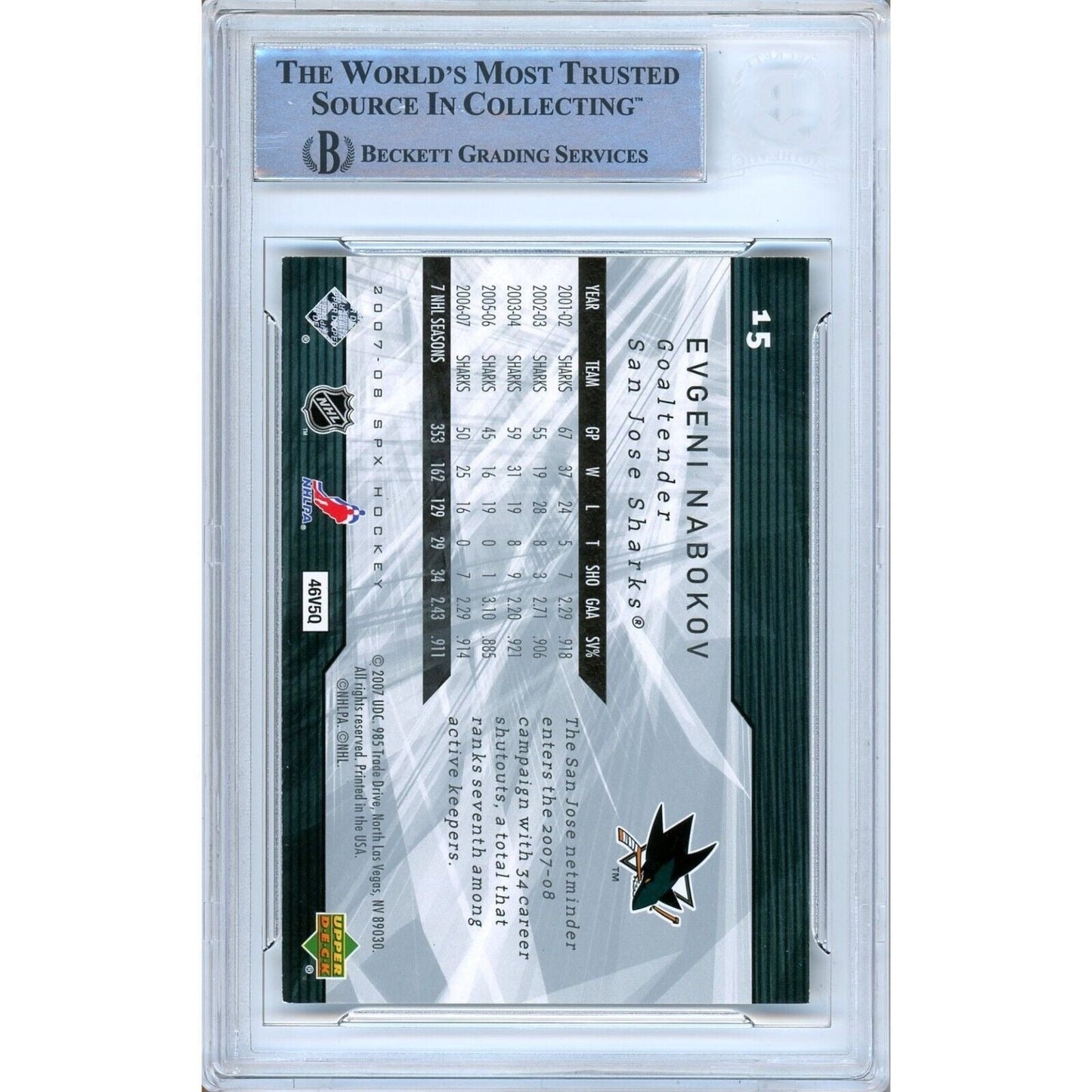 2007-08 Upper Deck SPx #15 — Evgeni Nabokov San Jose Sharks Autographed Trading Card — Beckett Authentication