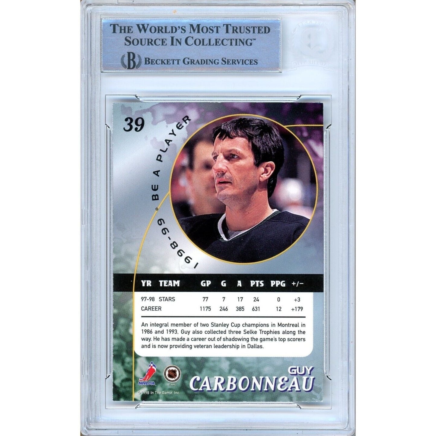 1998 Be A Player #39 — Guy Carbonneau Dallas Stars Autographed Trading Card — Beckett Authentication