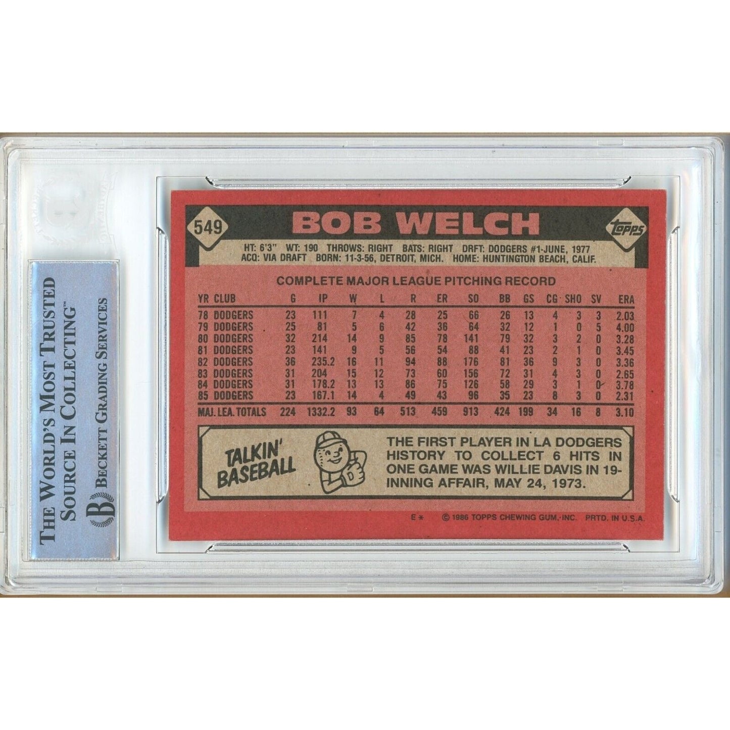1986 Topps #549 — Bob Welch Los Angeles Dodgers Autographed Trading Card — Beckett Authentication