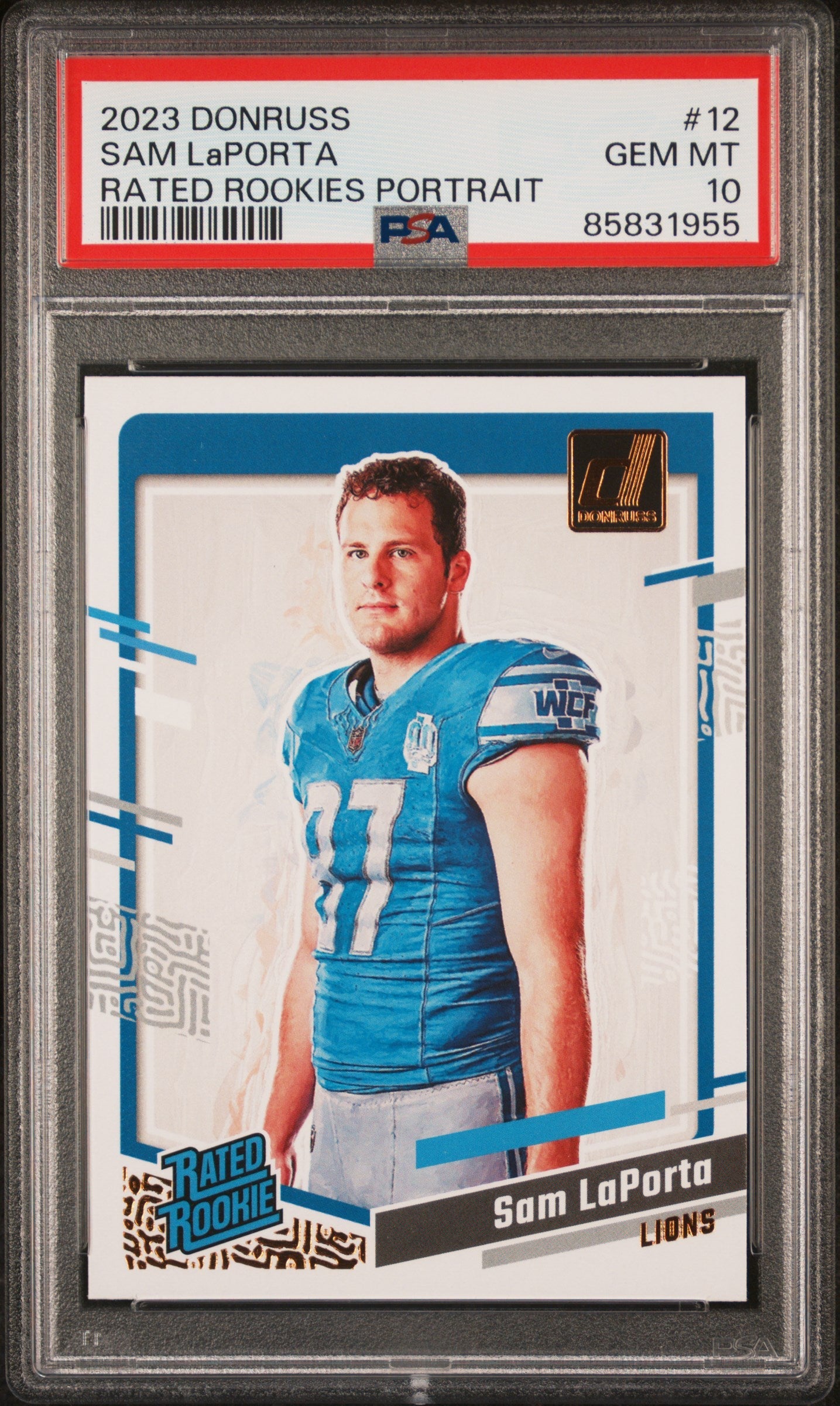 Graded 2023 Panini Donruss Sam LaPorta #12 Rated Rookies Portrait Rookie RC Football Card PSA 10 Gem Mint - Sport Cards