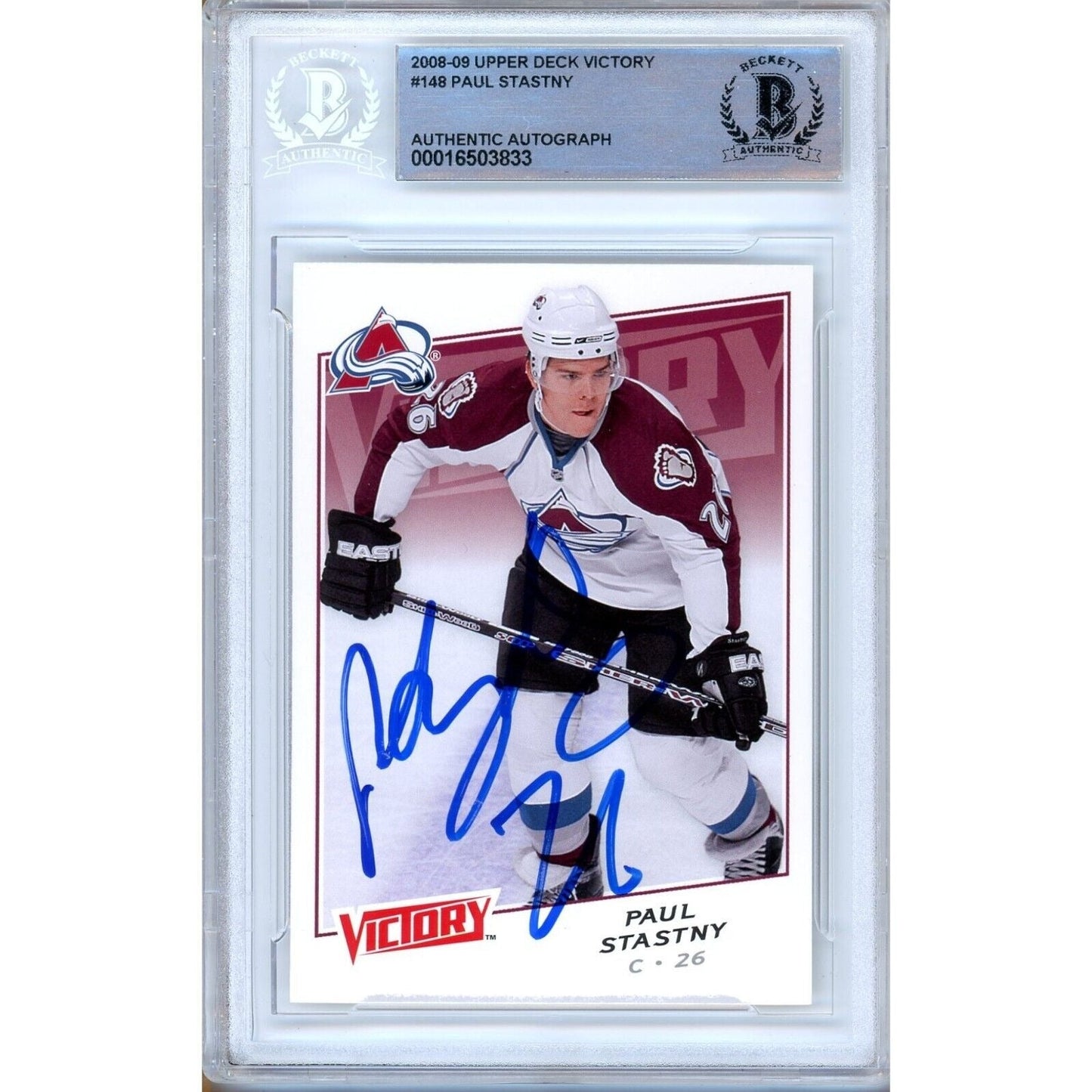 Paul Stastny Colorado Avalanche Signed 2008-09 UD Victory Card Beckett Auth Auto Slab