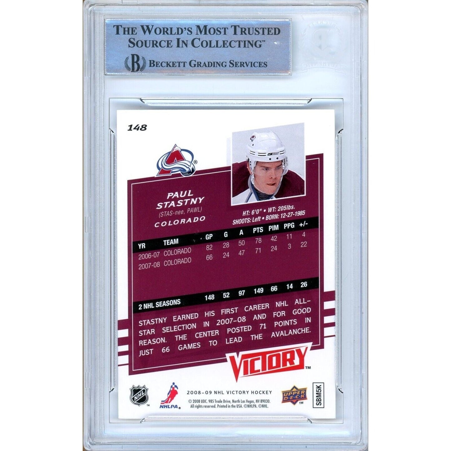 Paul Stastny Colorado Avalanche Signed 2008-09 UD Victory Card Beckett Auth Auto Slab