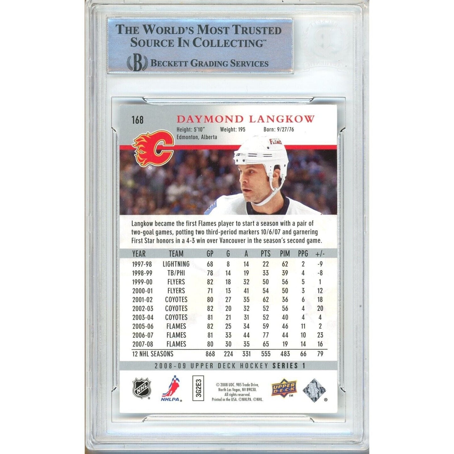 2008-09 Upper Deck #168 — Daymond Langkow Calgary Flames Autographed Trading Card — Beckett Authentication