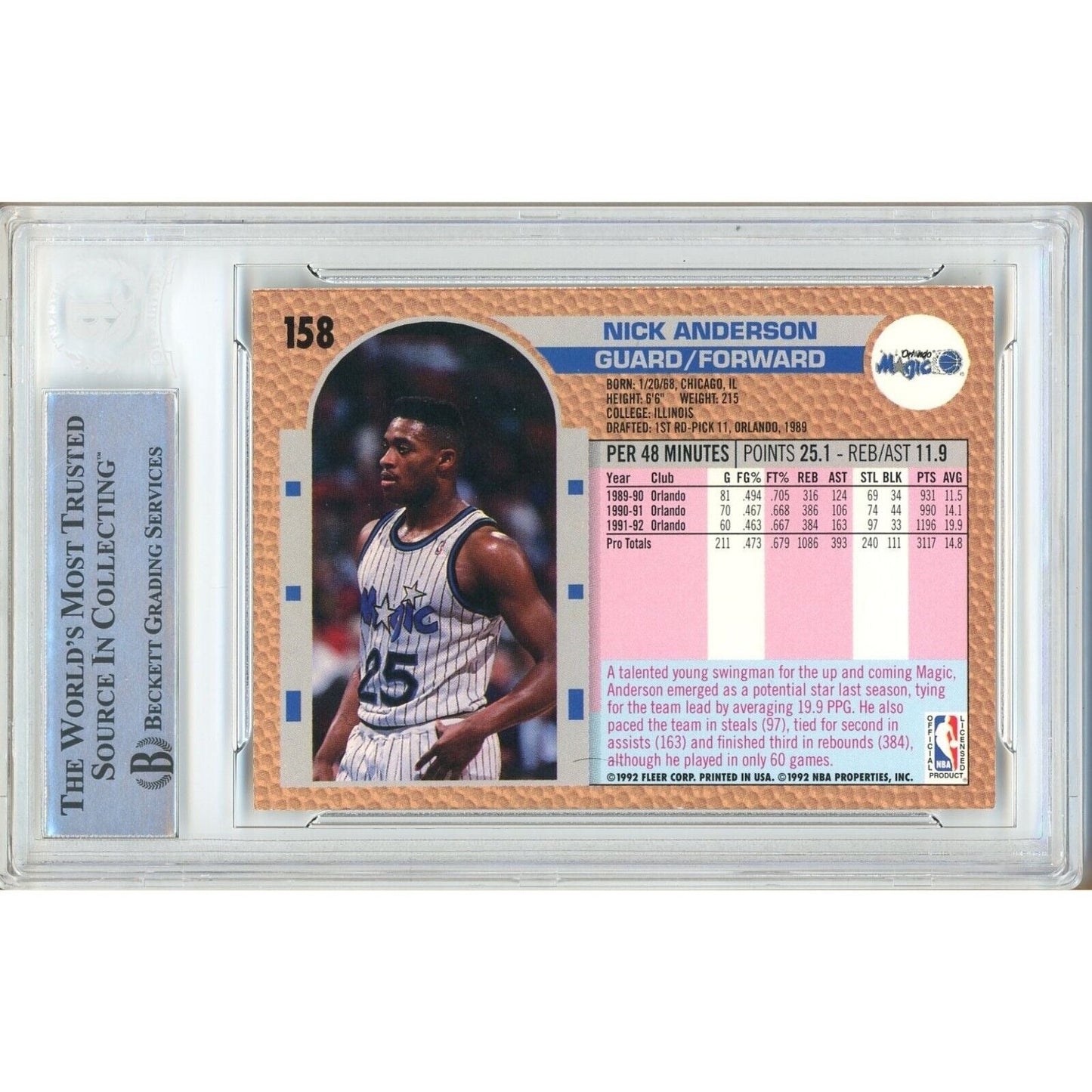 Nick Anderson Orlando Magic Signed 1992-93 Fleer Basketball Card Beckett Auth Auto Slab