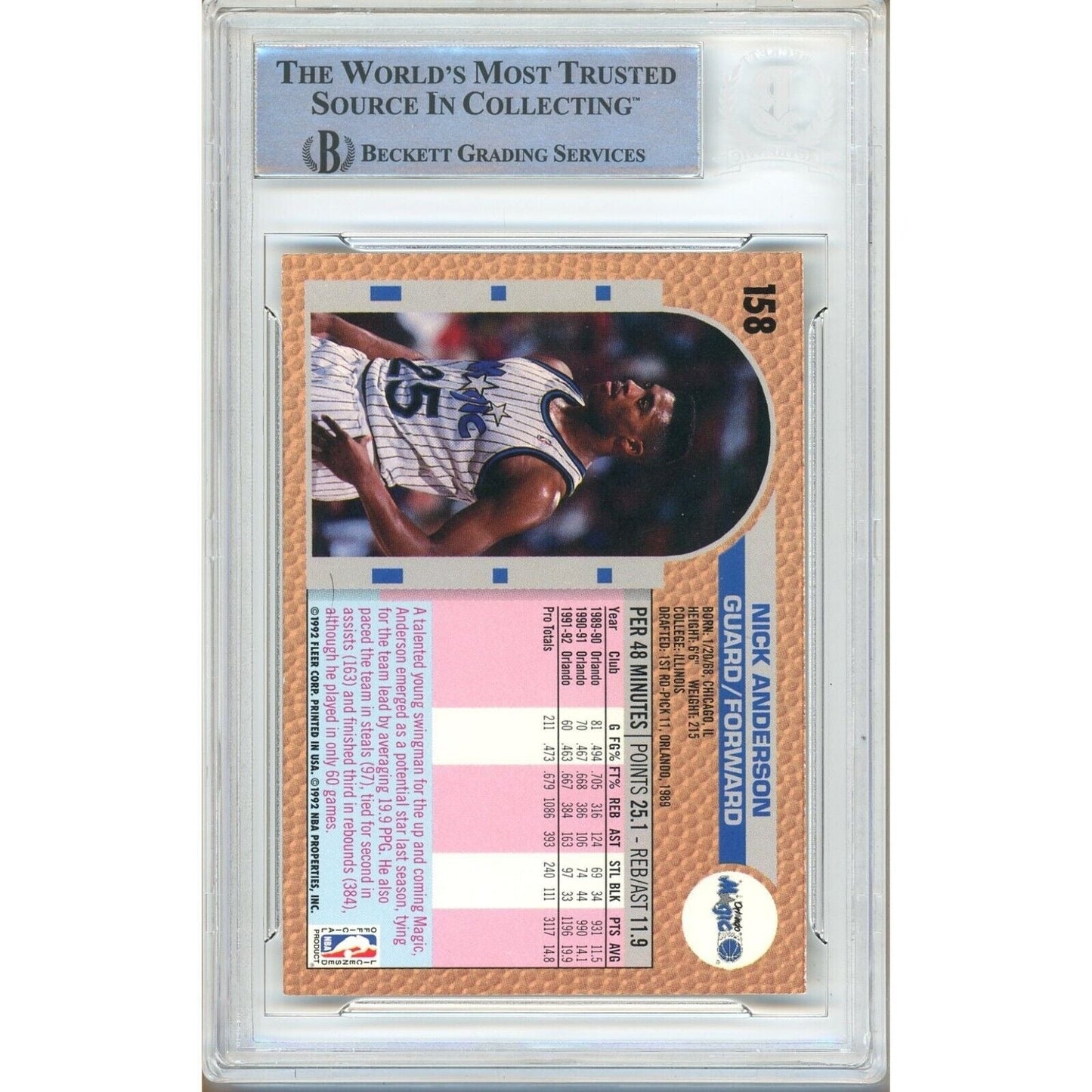 Nick Anderson Orlando Magic Signed 1992-93 Fleer Basketball Card Beckett Auth Auto Slab