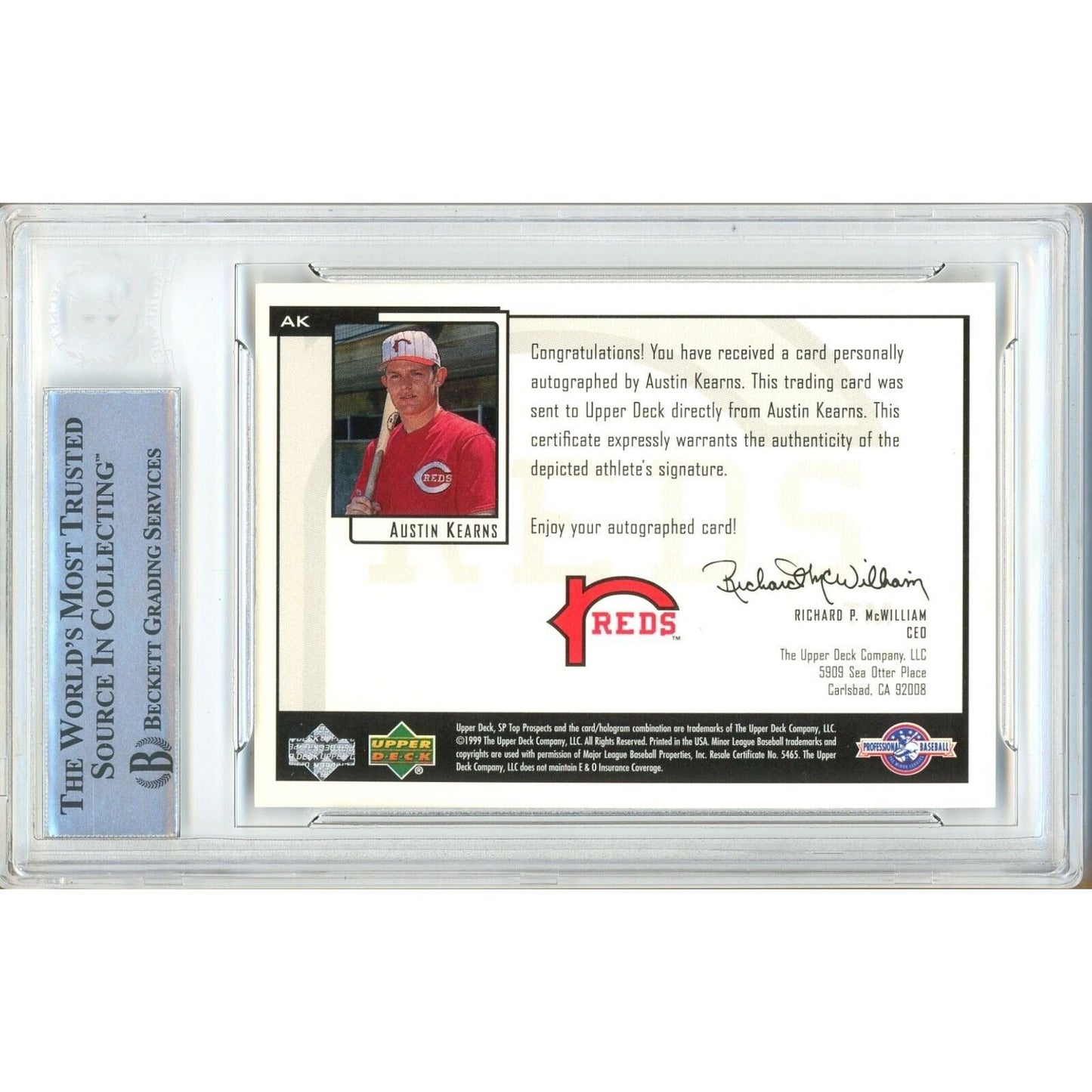2000 SP Top Prospects Chirography #AK — Austin Kearns Cincinnati Reds Autographed Trading Card — Beckett Authentication