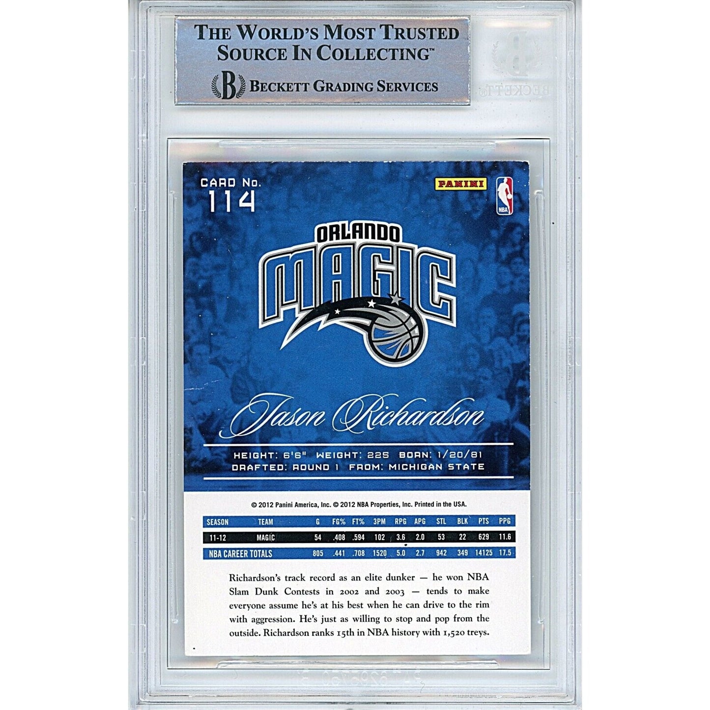 2012 Panini Prestige #114 — Jason Richardson Orlando Magic Autographed Trading Card — Beckett Authentication