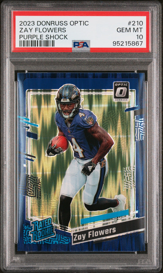 Graded 2023 Panini Donruss Optic Zay Flowers #210 Purple Shock Rookie RC Football Card PSA 10 Gem Mint - Sport Cards