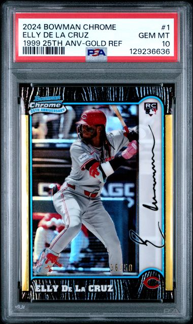 Graded 2024 Bowman Chrome 1999 25th Anniversary Elly De La Cruz #1 /50 Gold Refractor Rookie RC Baseball Card PSA 10 Gem Mint