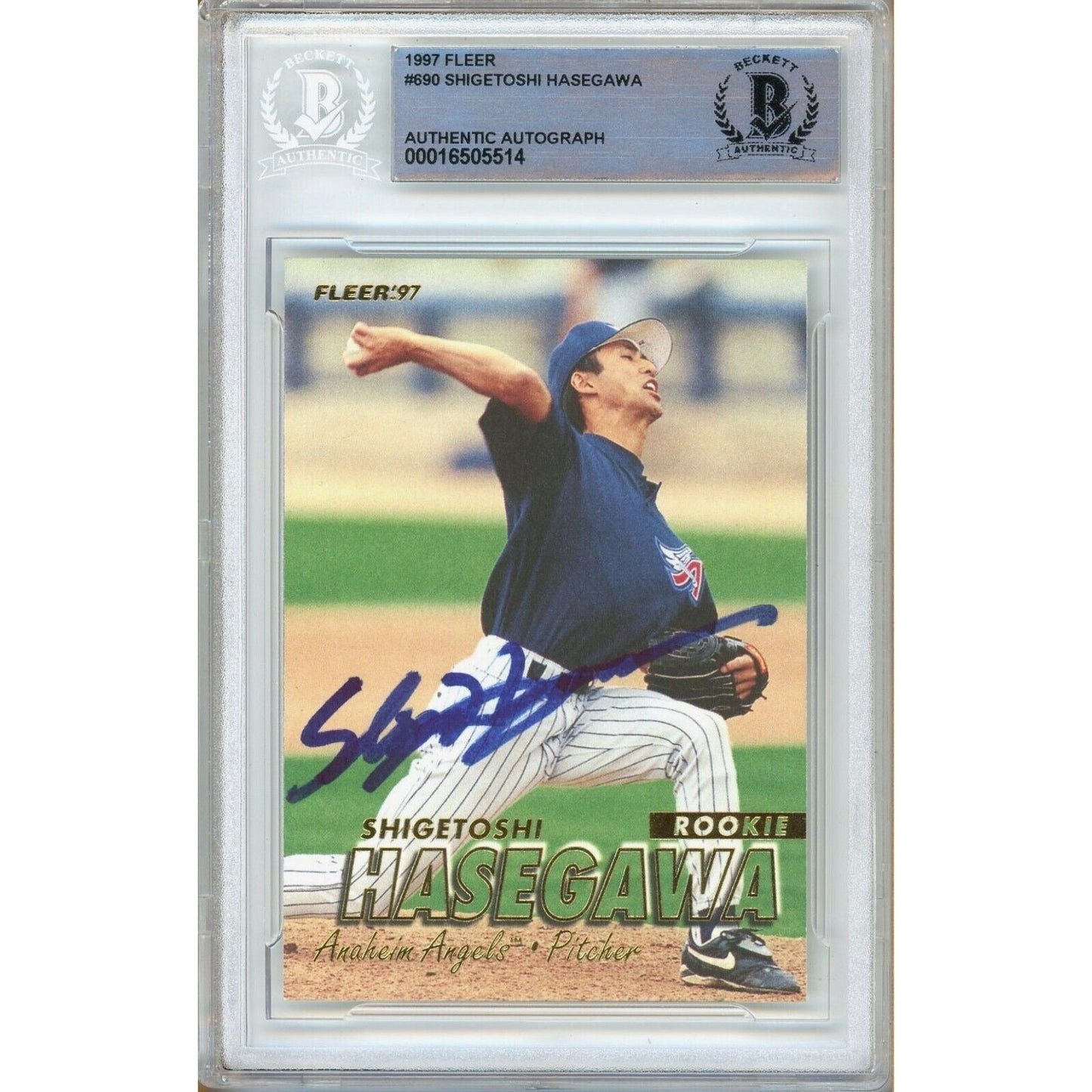 Shigetoshi Hasegawa LA Angels Signed 1997 Fleer Baseball Card Beckett Auth Auto Slab RC