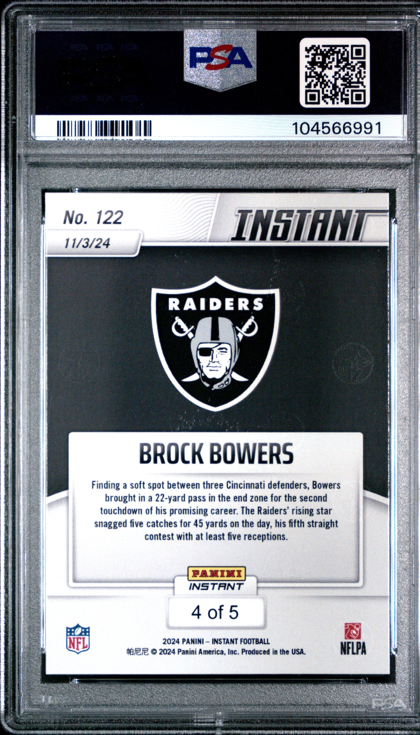 Graded 2024 Panini Instant NFL Brock Bowers #122 White Tiger /5 Rookie RC Football Card PSA 9 Mint