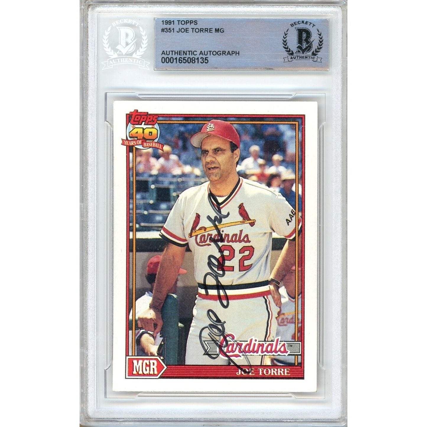 1991 Topps #351 — Joe Torre St Louis Cardinals Autographed Trading Card — Beckett Authentication