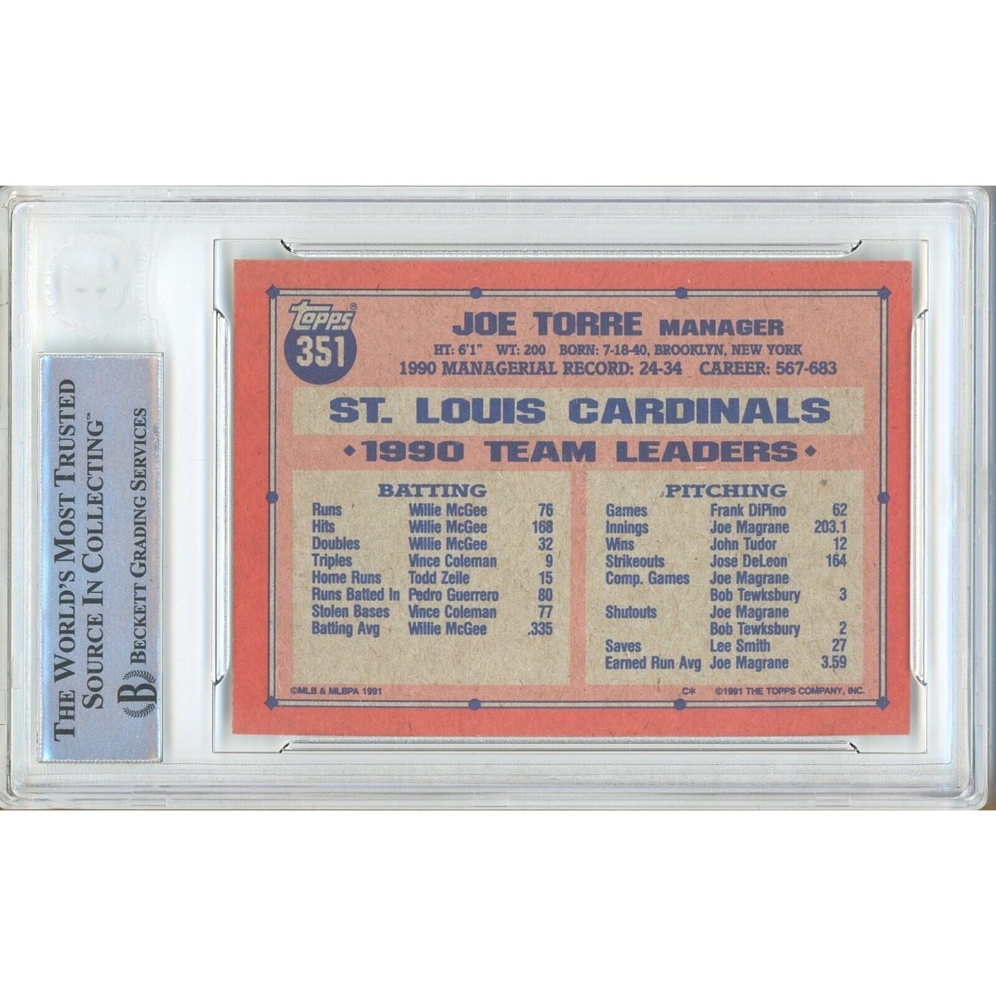 1991 Topps #351 — Joe Torre St Louis Cardinals Autographed Trading Card — Beckett Authentication