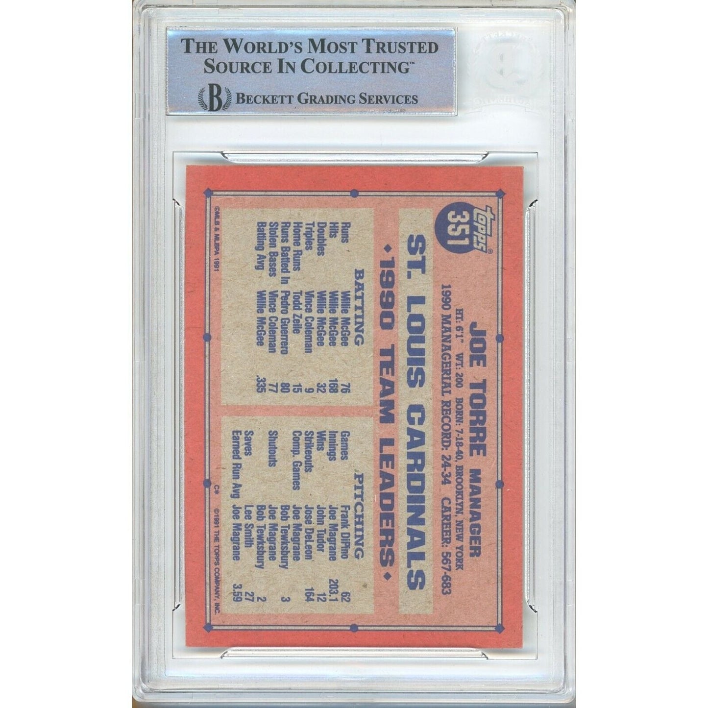 1991 Topps #351 — Joe Torre St Louis Cardinals Autographed Trading Card — Beckett Authentication