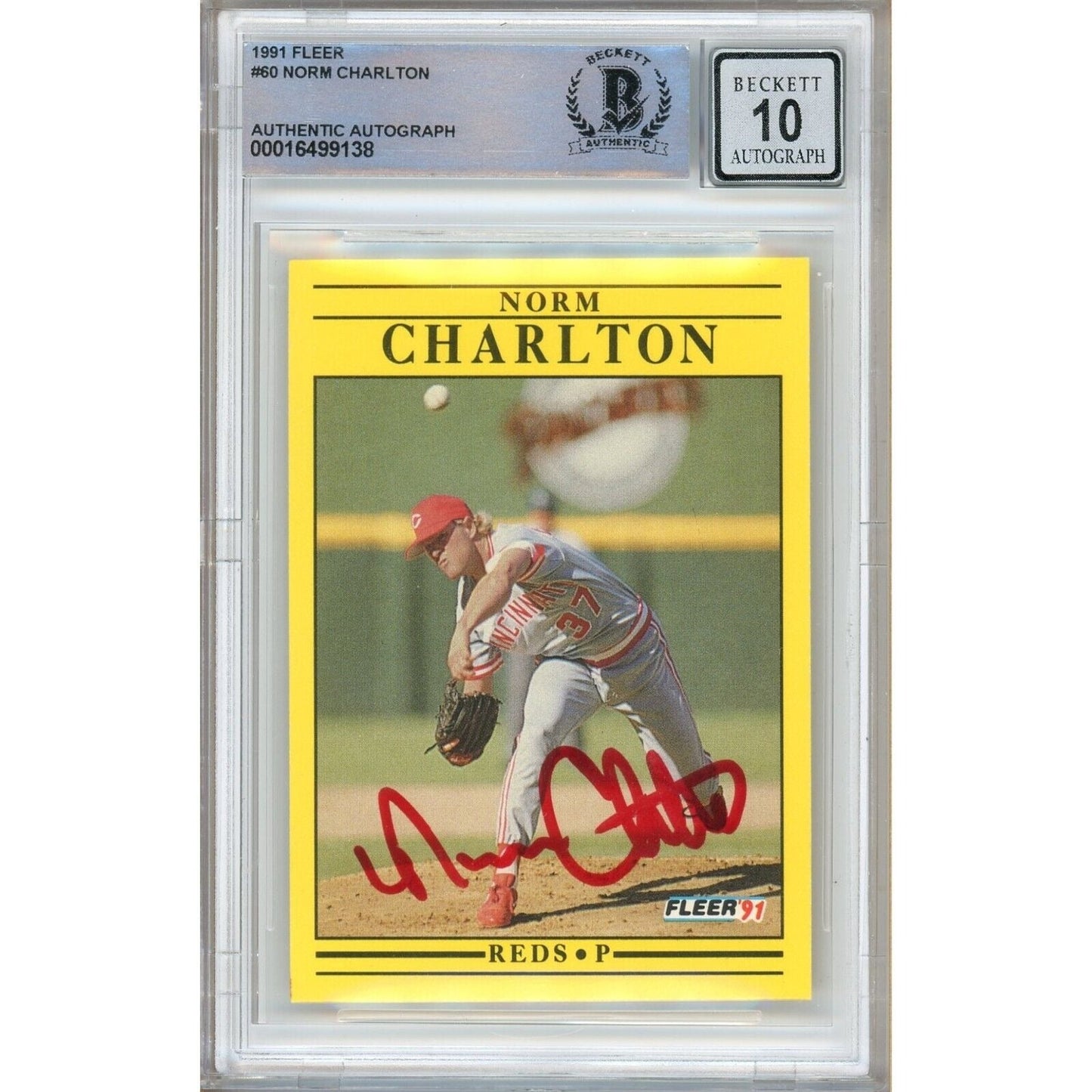 Norm Charlton Cincinnati Reds Signed 1991 Fleer Baseball Card BGS Auto 10 Graded Slab