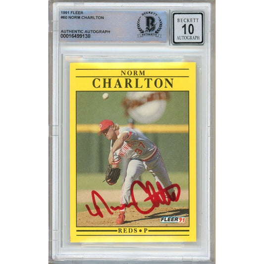 Norm Charlton Cincinnati Reds Signed 1991 Fleer Baseball Card BGS Auto 10 Graded Slab