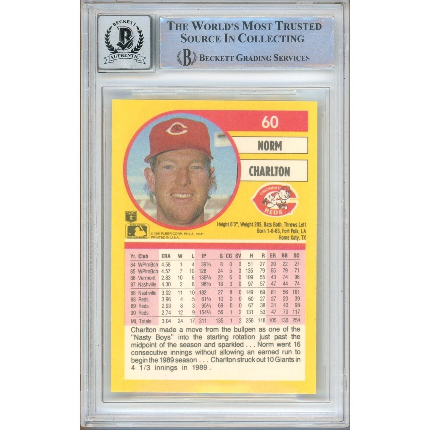 Norm Charlton Cincinnati Reds Signed 1991 Fleer Baseball Card BGS Auto 10 Graded Slab