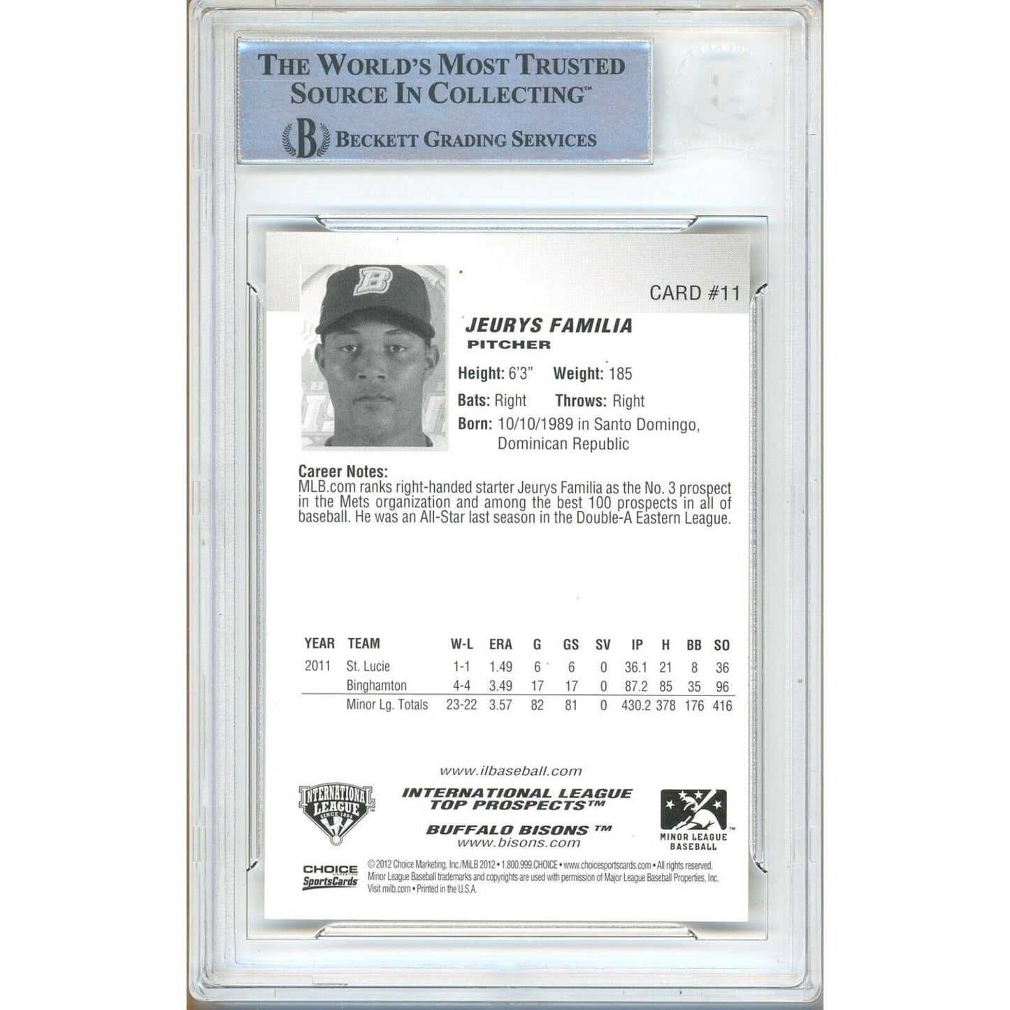 2012 — Jeurys Familia New York Mets New York Mets Autographed Trading Card — Beckett Authentication