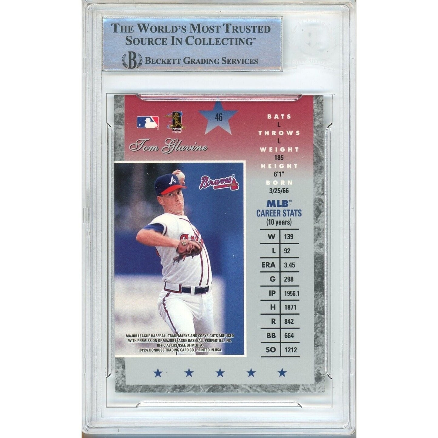 Tom Glavine Atlanta Braves Signed 1997 Donruss Elite Card Beckett Authentic Auto Slab HOF