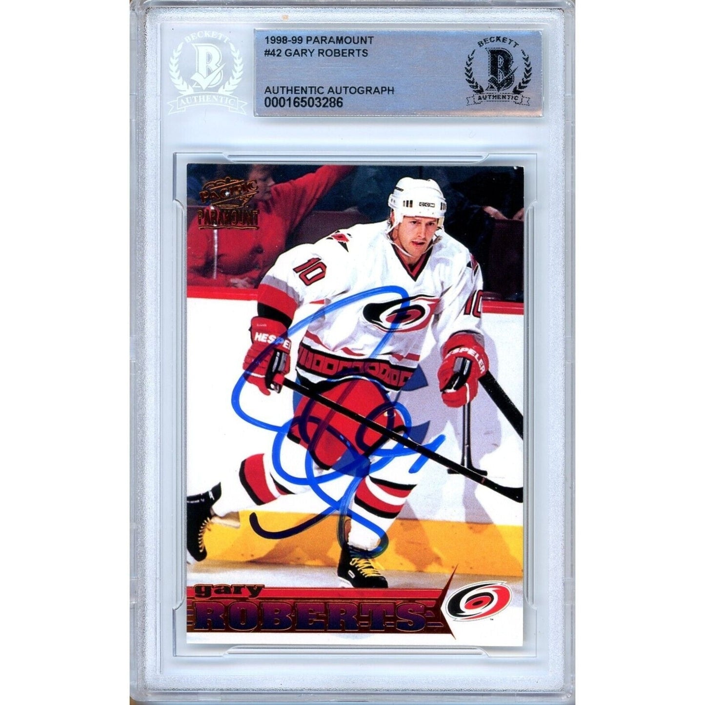 1998 Pacific Paramount #42 — Gary Roberts Carolina Hurricanes Autographed Trading Card — Beckett Authentication