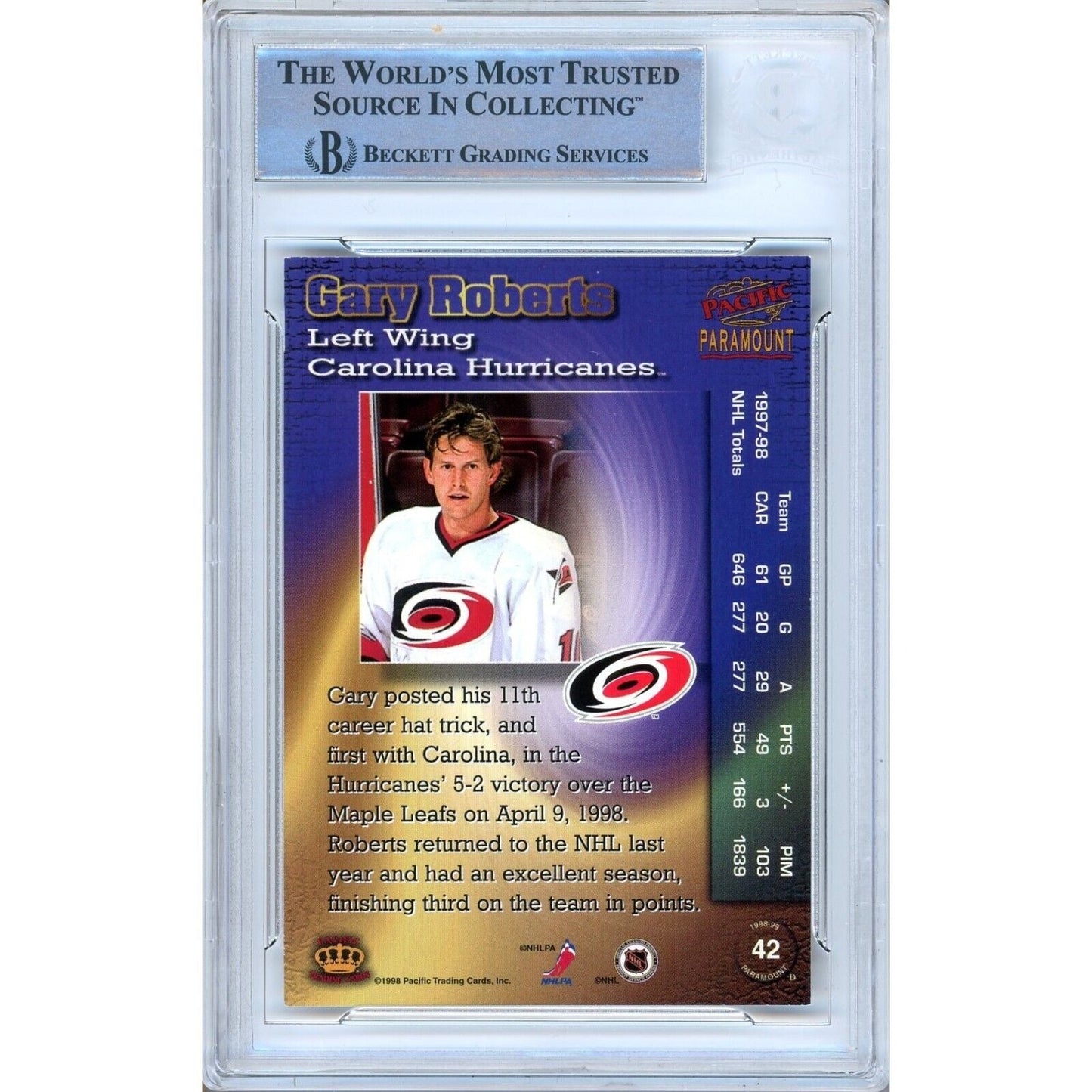 1998 Pacific Paramount #42 — Gary Roberts Carolina Hurricanes Autographed Trading Card — Beckett Authentication