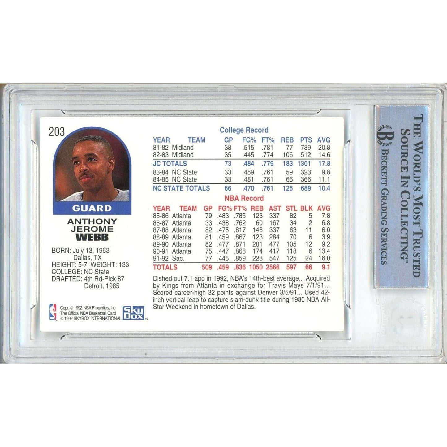 Spud Webb Sacramento Kings Signed 1992-93 NBA Hoops Card Beckett Authentic Auto Slab