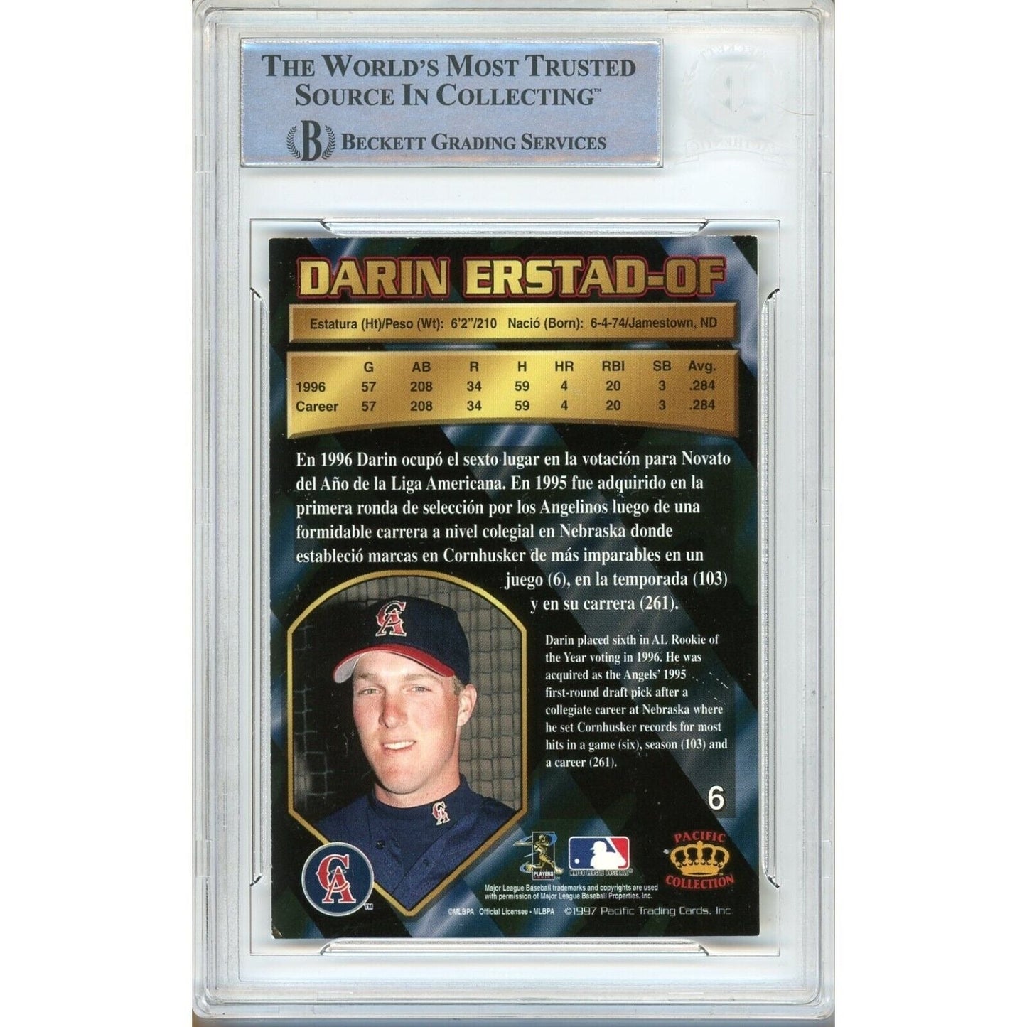1997 Pacific #6 — Darin Erstad Los Angeles Angels Autographed Trading Card — Beckett Authentication