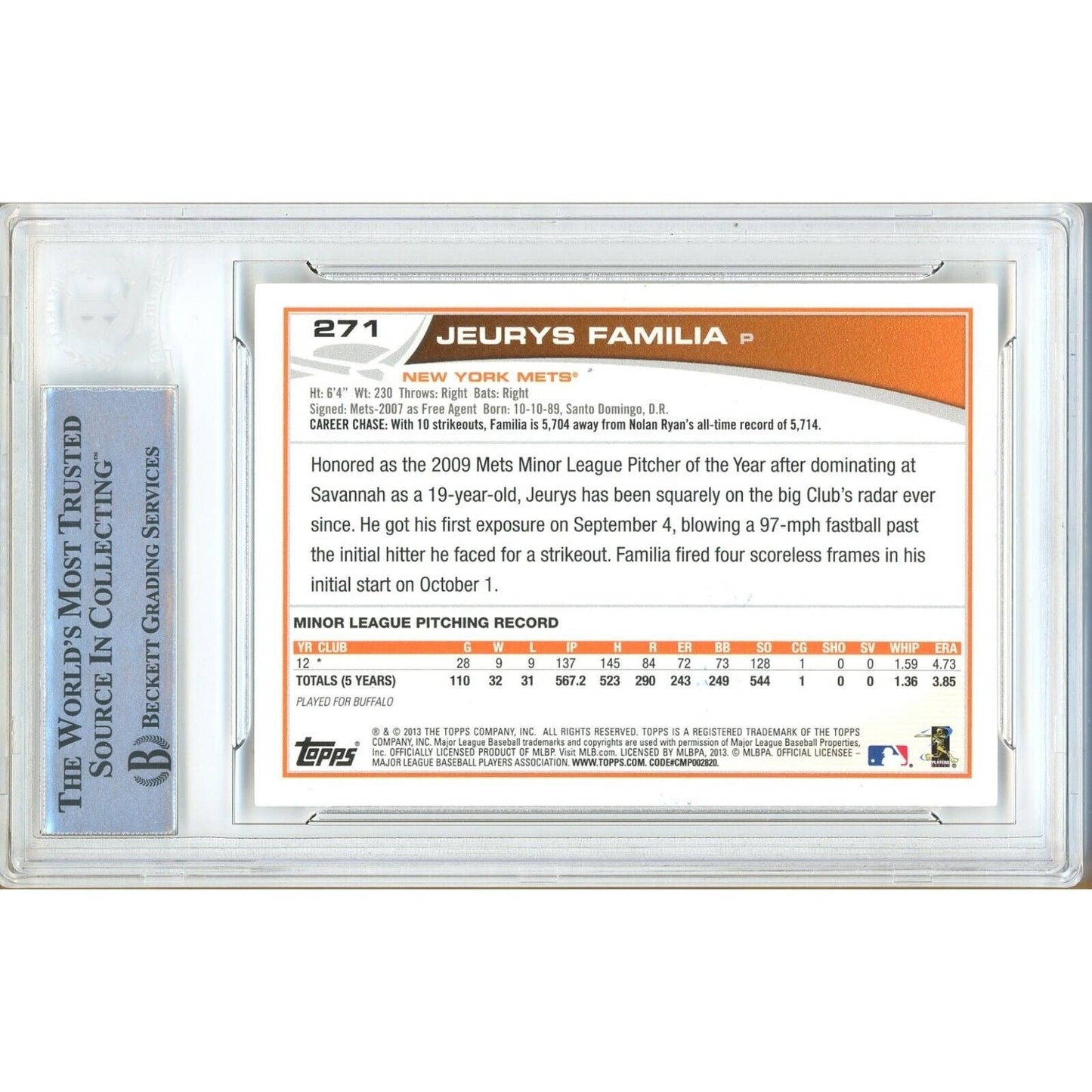 2013 Topps — Jeurys Familia New York Mets New York Mets Autographed Trading Card — Beckett Authentication