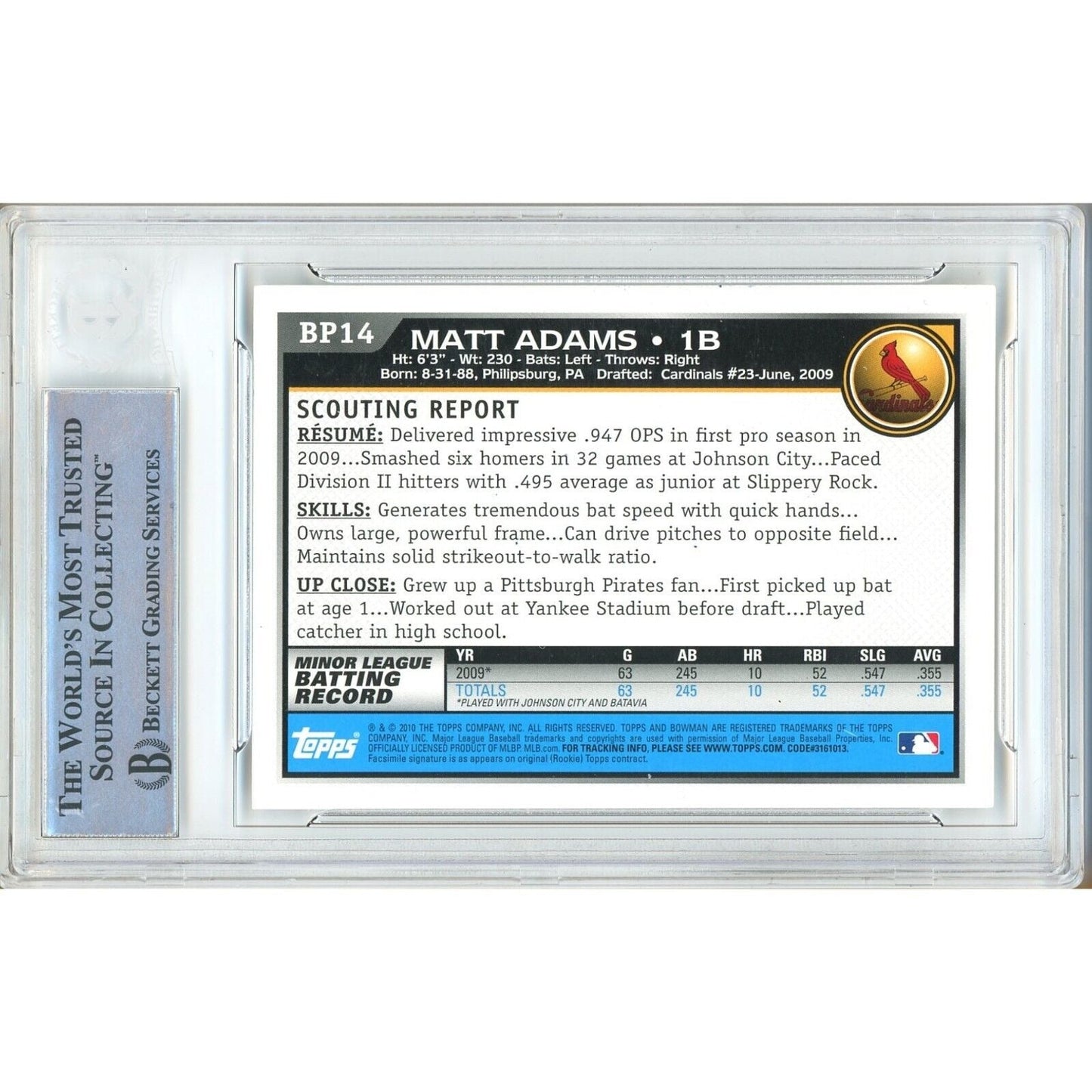 Matt Adams St Louis Cardinals Signed 2010 Bowman Prospects Card BAS Auth Auto Slab RC