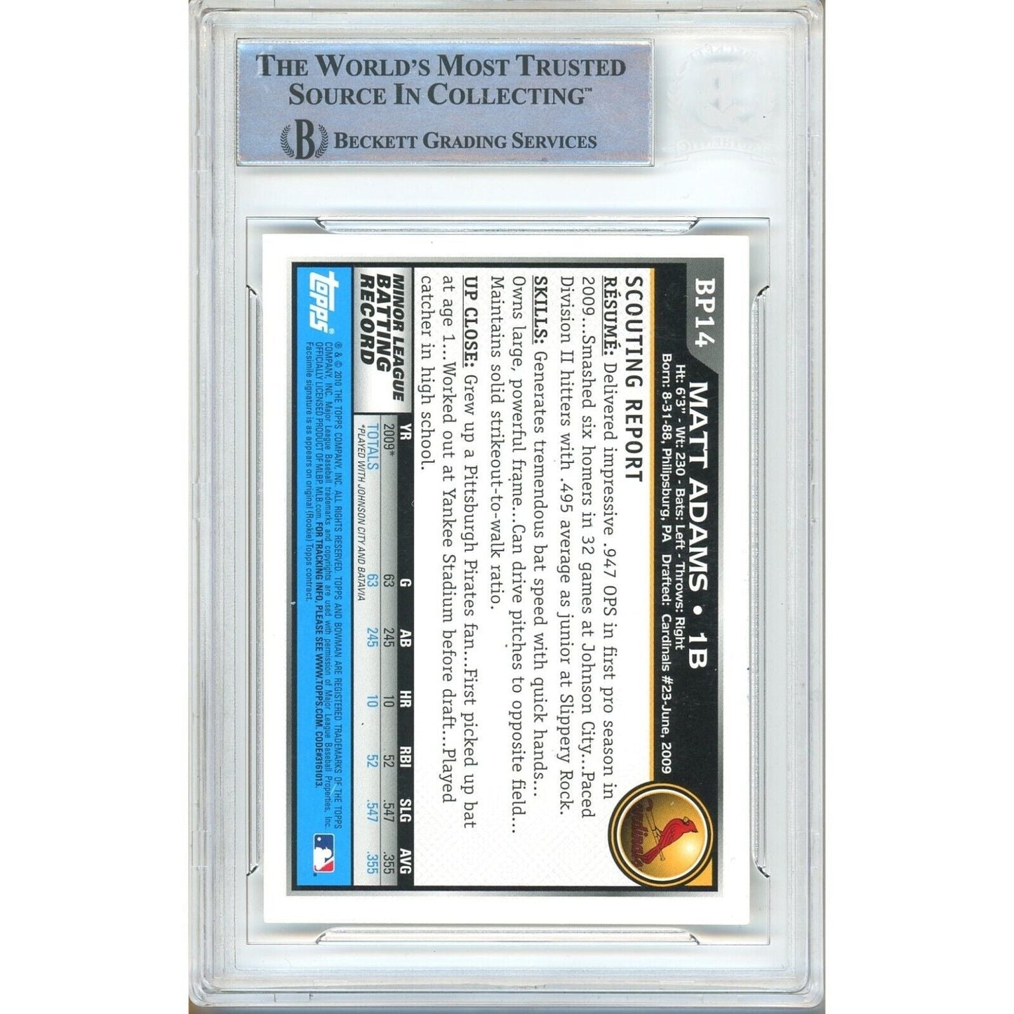 Matt Adams St Louis Cardinals Signed 2010 Bowman Prospects Card BAS Auth Auto Slab RC