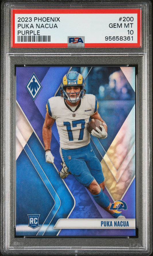 Graded 2023 Panini Phoenix Puka Nacua #200 Purple /125 Rookie RC Football Card PSA 10 Gem Mint