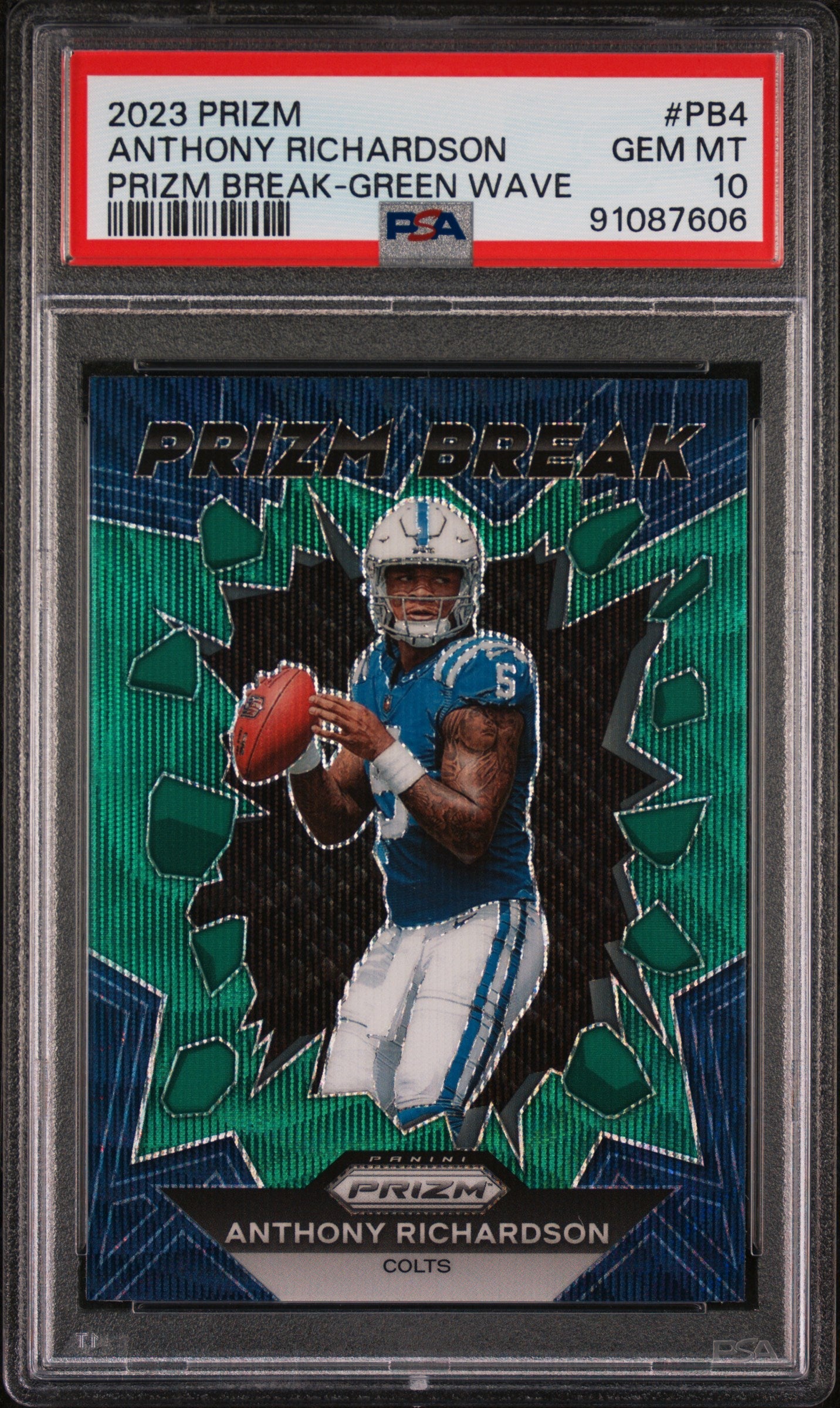 Graded 2023 Panini Prizm Anthony Richardson #PB4 Prizm Break Green Wave Rookie RC Football Card PSA 10 Gem Mint