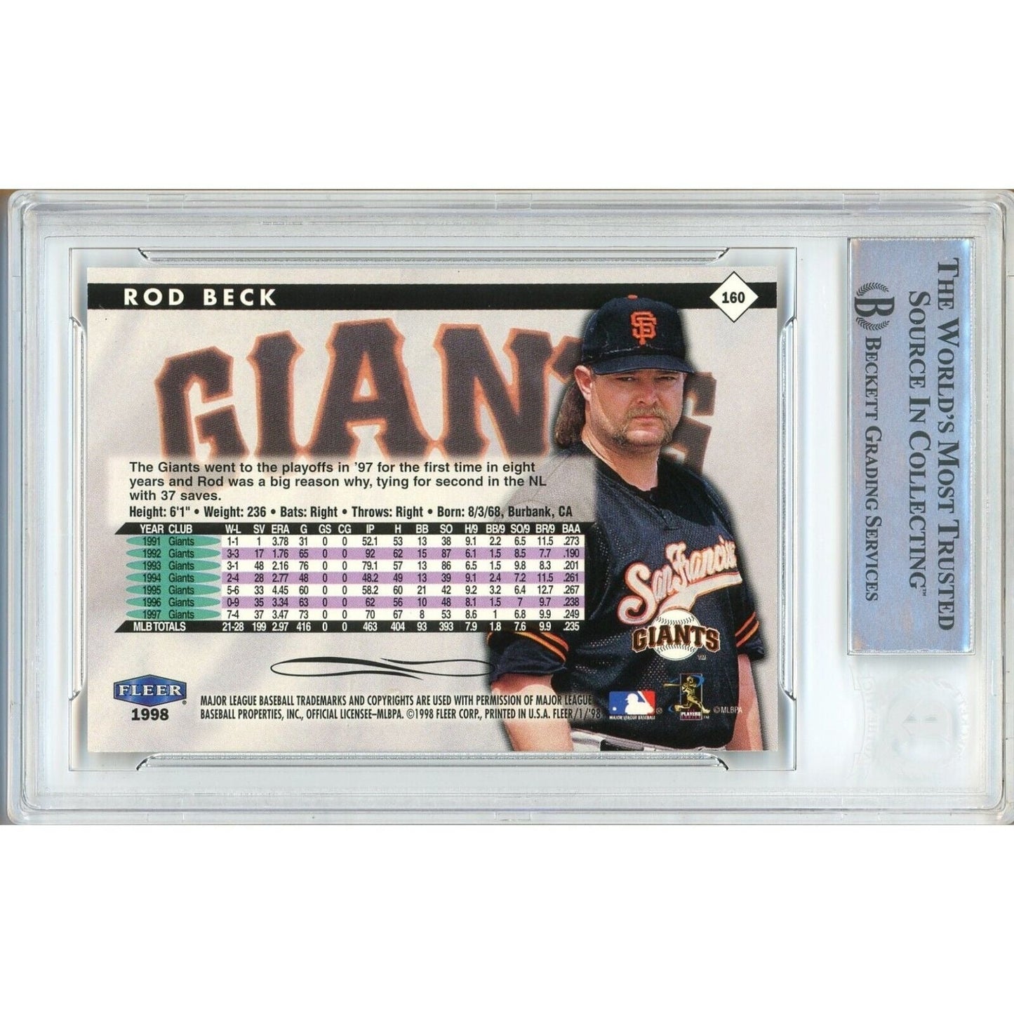 Rod Beck San Francisco Giants Signed 1998 Fleer Tradition Card Beckett Authentic Auto Slab