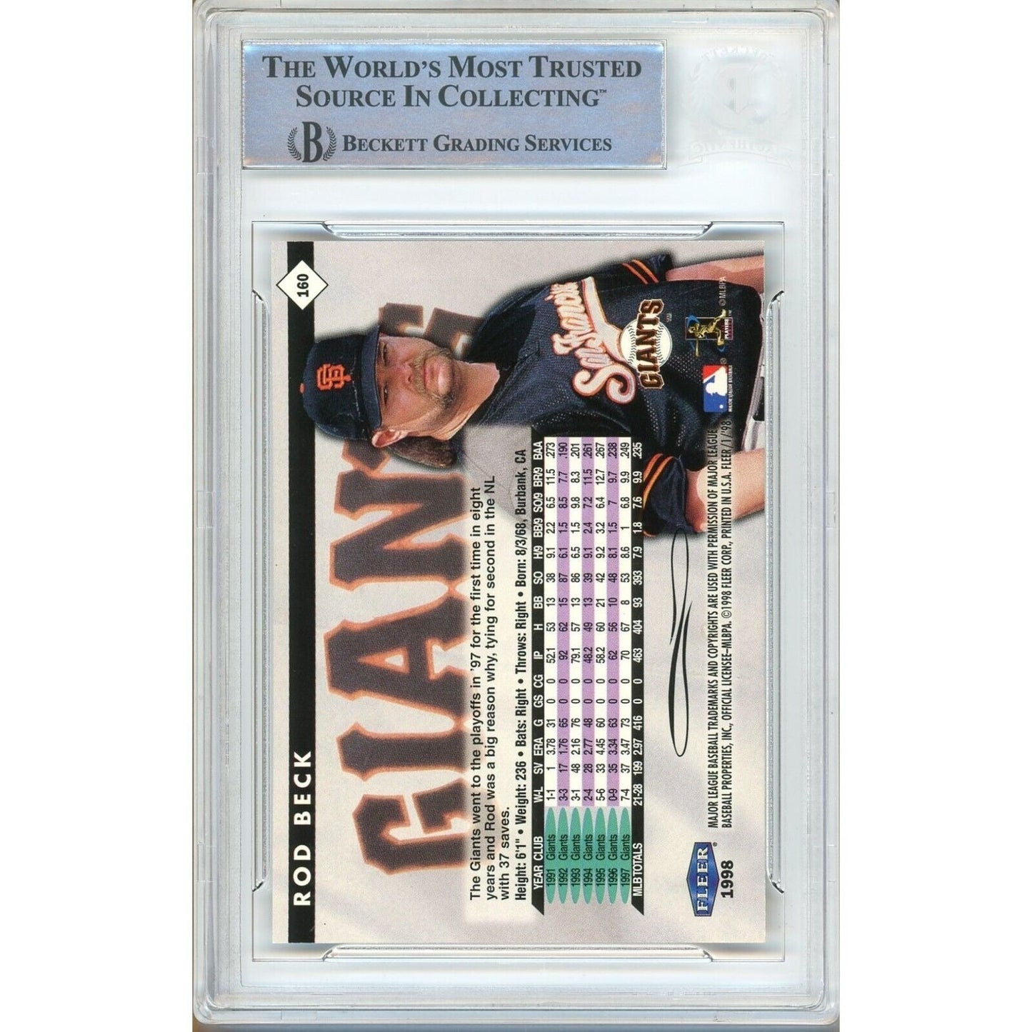 Rod Beck San Francisco Giants Signed 1998 Fleer Tradition Card Beckett Authentic Auto Slab