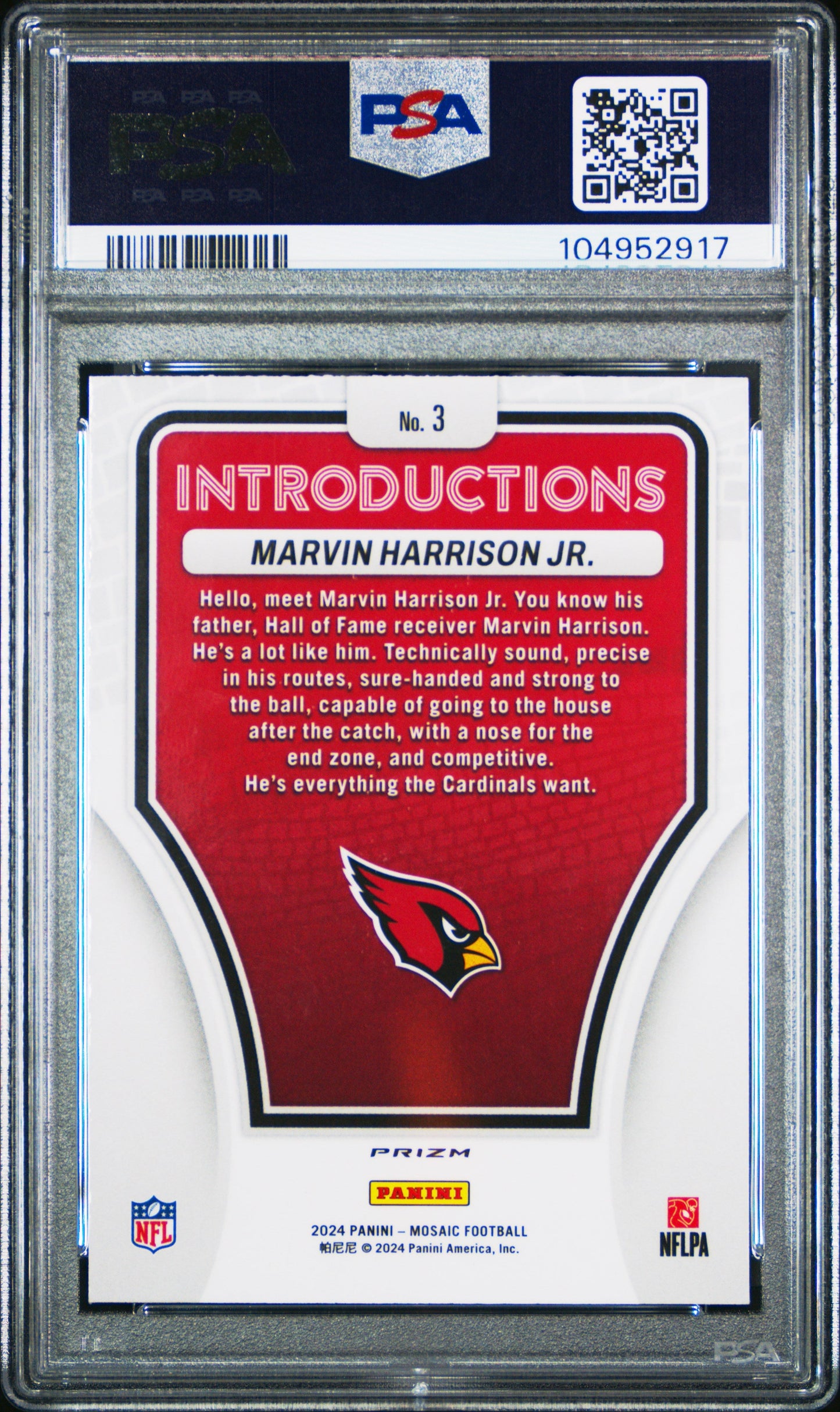 Graded 2024 Panini Mosaic Marvin Harrison Jr #3 Introductions Silver Rookie RC Football Card PSA 10 Gem Mint - Sport Cards